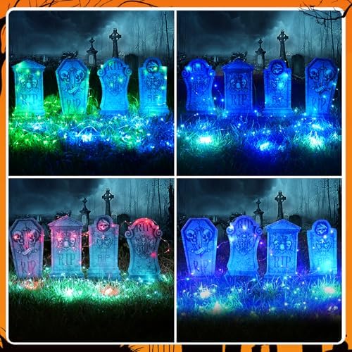 Detalle de Maxee Halloween-Grabsteindeko mit 4 Motiven, 6 Lichterketten und Erdspießen