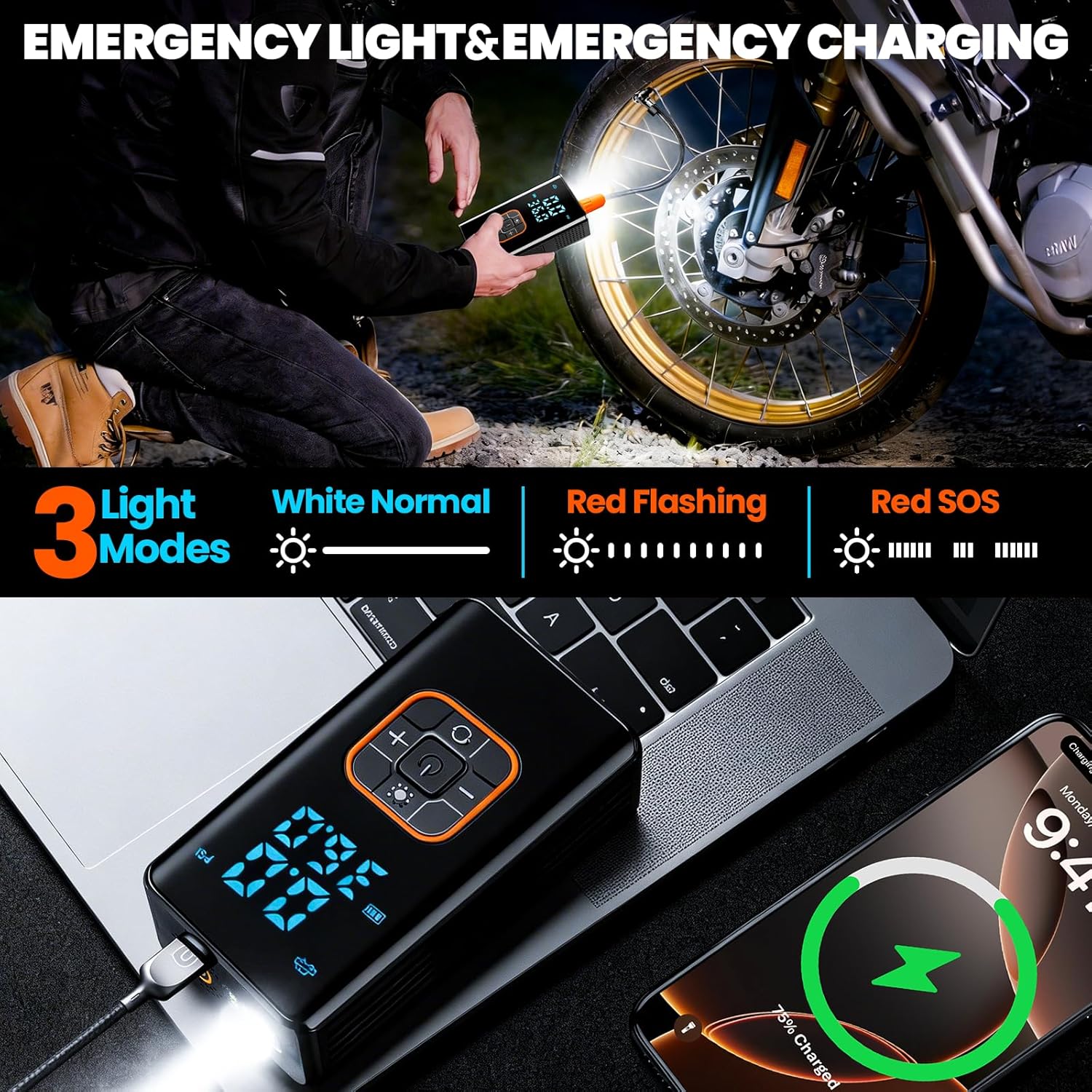 Detalle de Rivlox Car Tyre Inflator Air Compressor: Cordless 150 PSI with Digital Dual Gauge