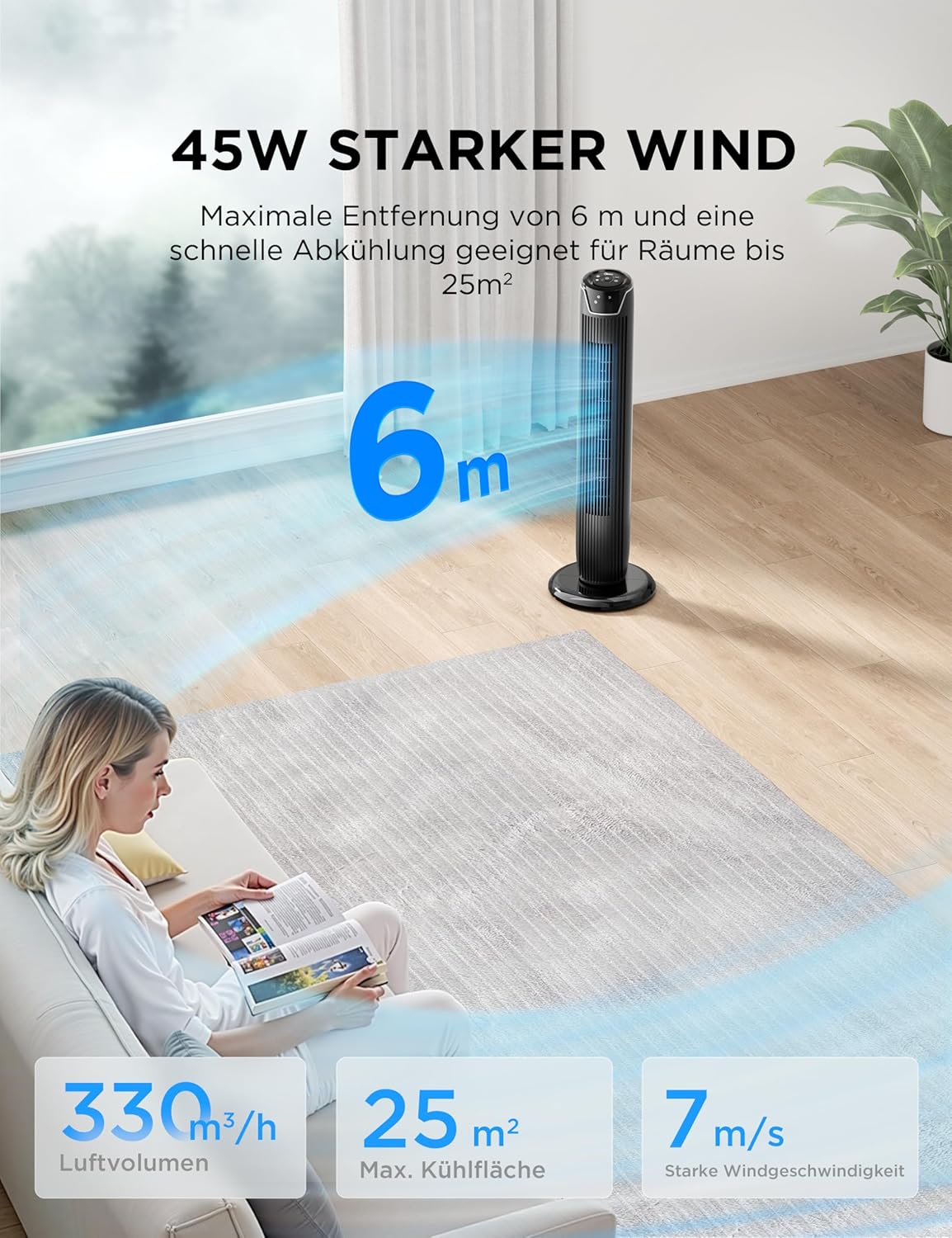 Thumbnail 1 de Midea FZ10-17JR Turmventilator Leise mit Fernbedienung – 92 cm, 3 Modi, 3 Geschwindigkeiten, Timer 7 Stunden, Schwarz