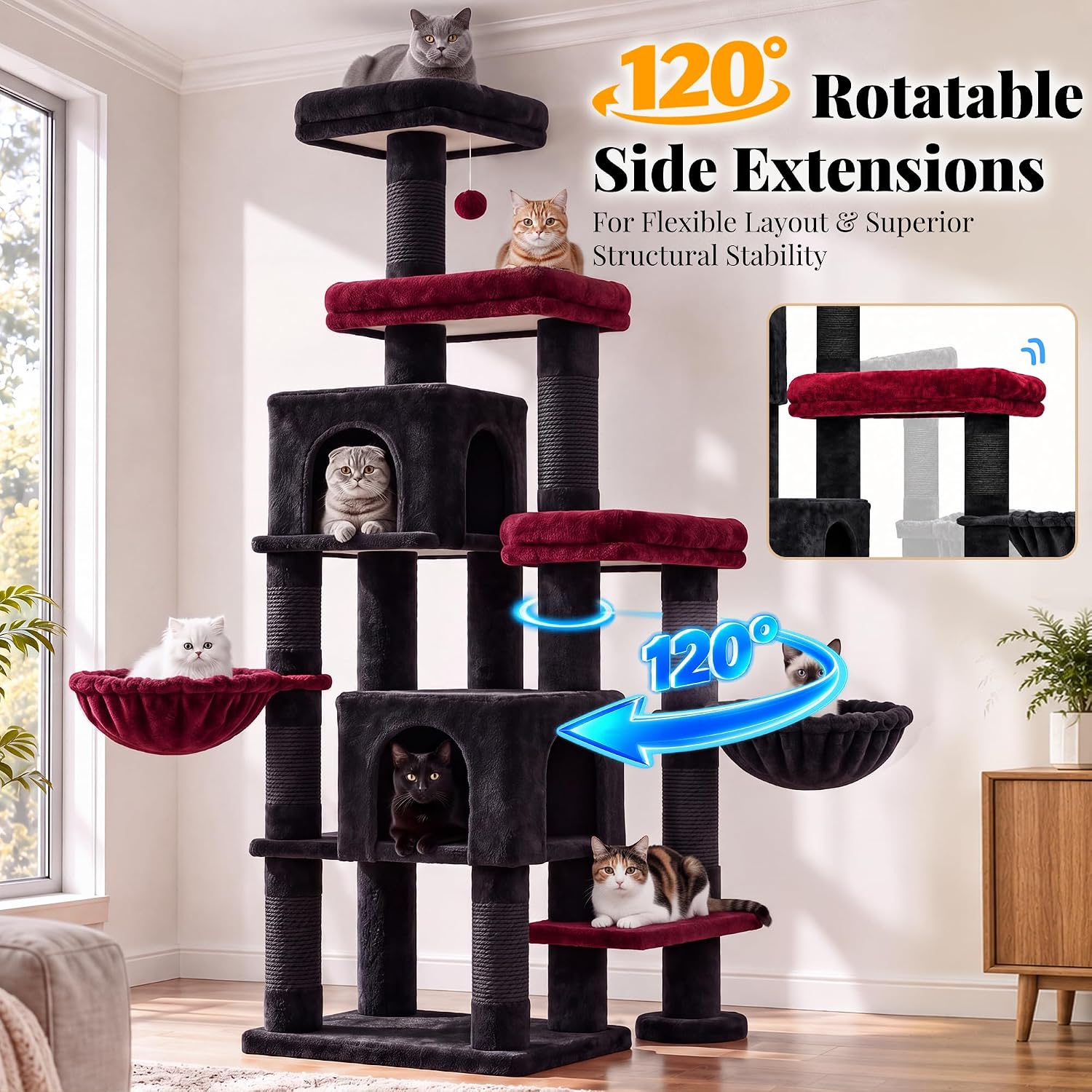 Detalle de Hey-brother MPJ038BR Cat Tree Tower, 6 Levels, Sisal Posts, Two Condos