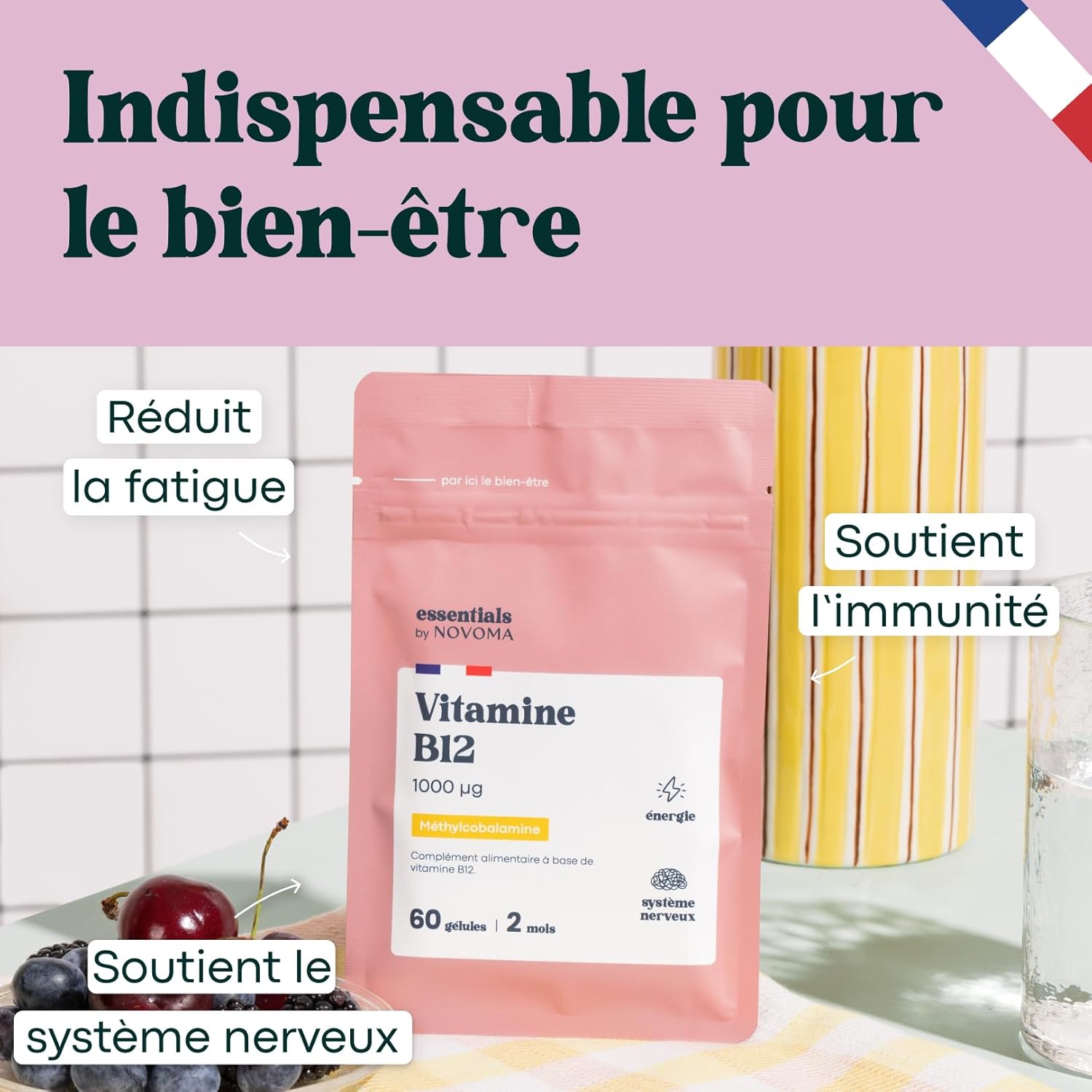 Thumbnail 1 de Vitamine B12 1000 µg Vegan Essentials by Novoma (cure 2 mois, méthylcobalamine) – 60 gélules