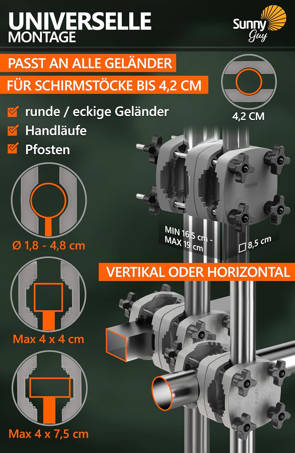 Thumbnail 3 de 4smile Sonnenschirmhalter Balkongeländer SunnyGuy, Anthrazit – Bombensichere, universelle Halterung für Balkonsonnenschirme