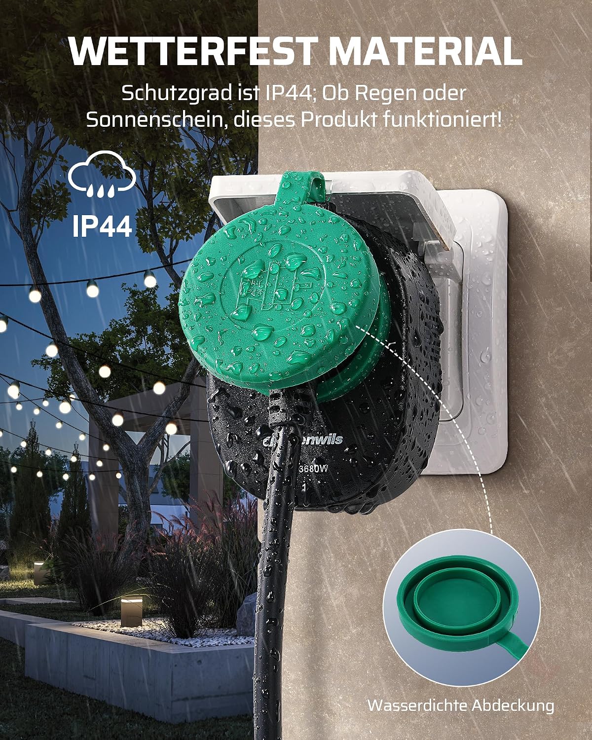 Detalle de DEWENWILS Funksteckdosen mit Fernbedienung Außen – 16 A, 3680 W, IP44, 30 m Reichweite