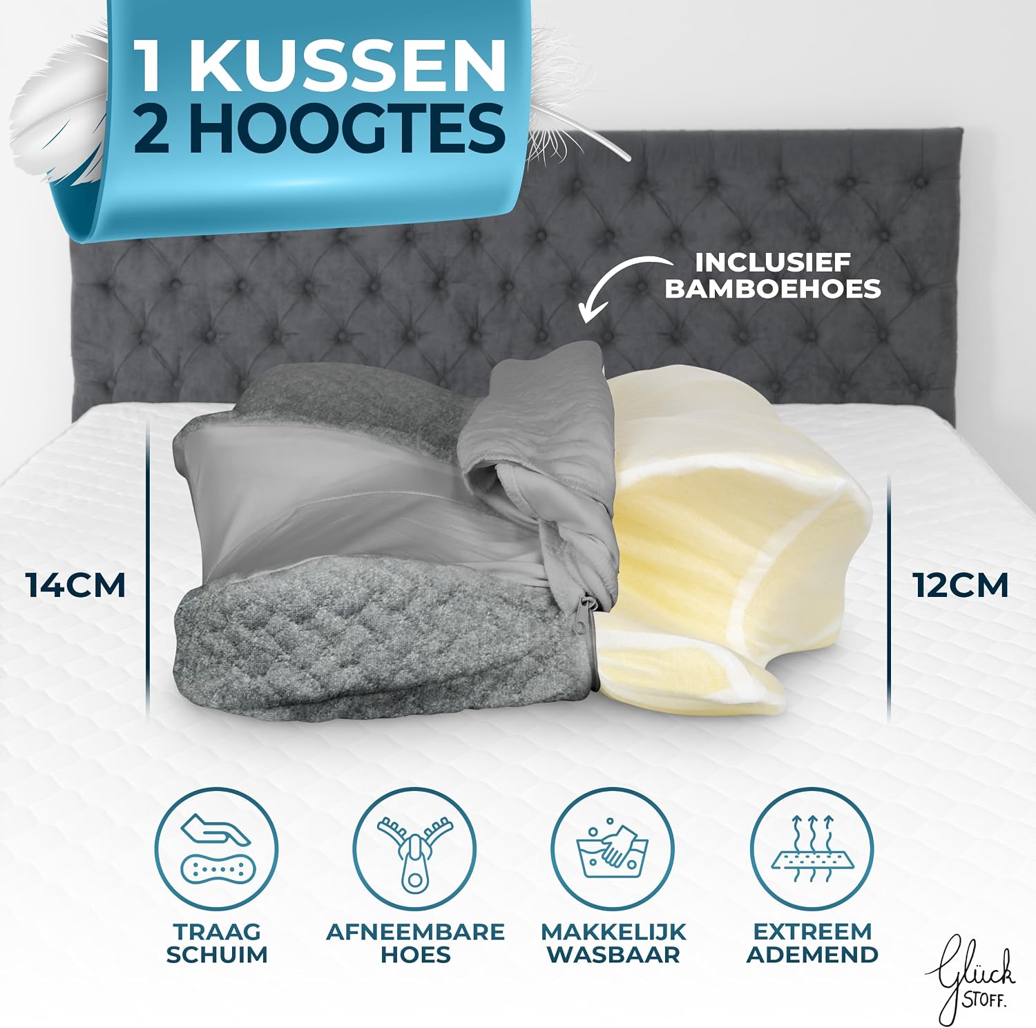 Thumbnail 1 de GLÜCKSTOFF Ergo traagschuim hoofdkussen met bamboe hoes en vlindervorm