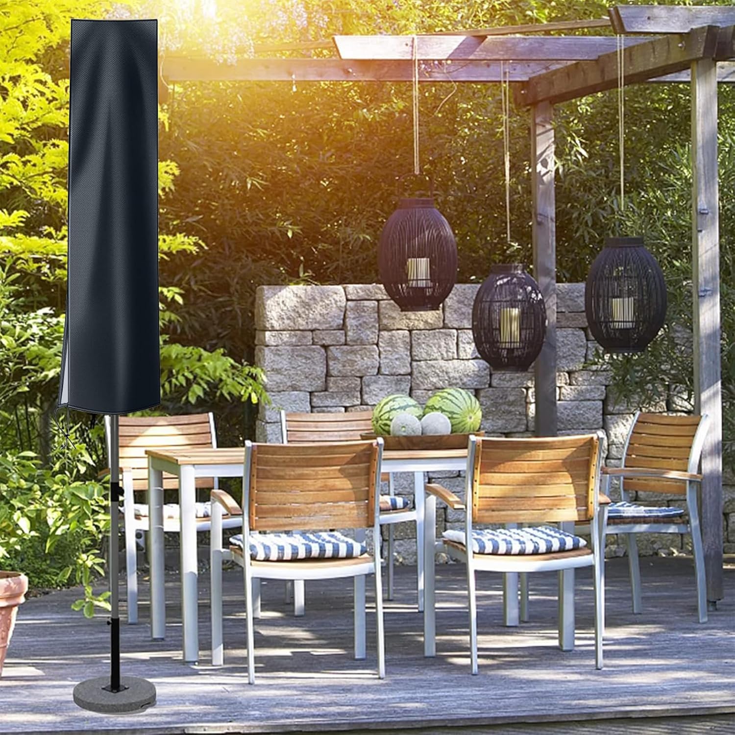 Detalle 2 de OKPOW Parasol Cover (600D) for 2m diameter garden parasols, waterproof, anti-UV, windproof with zip