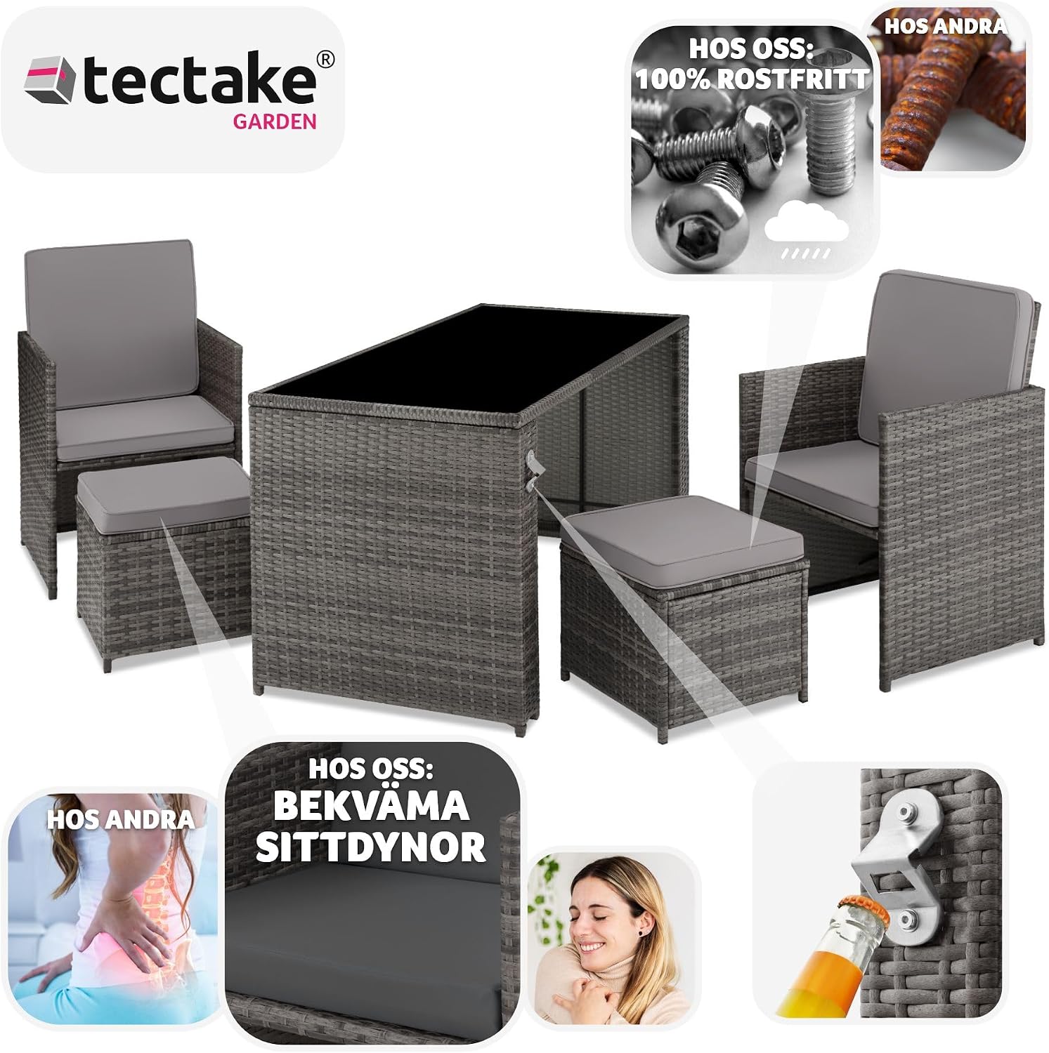 Detalle de tectake Palermo 403562-SE loungeset i konstrotting med fällbara ryggstöd