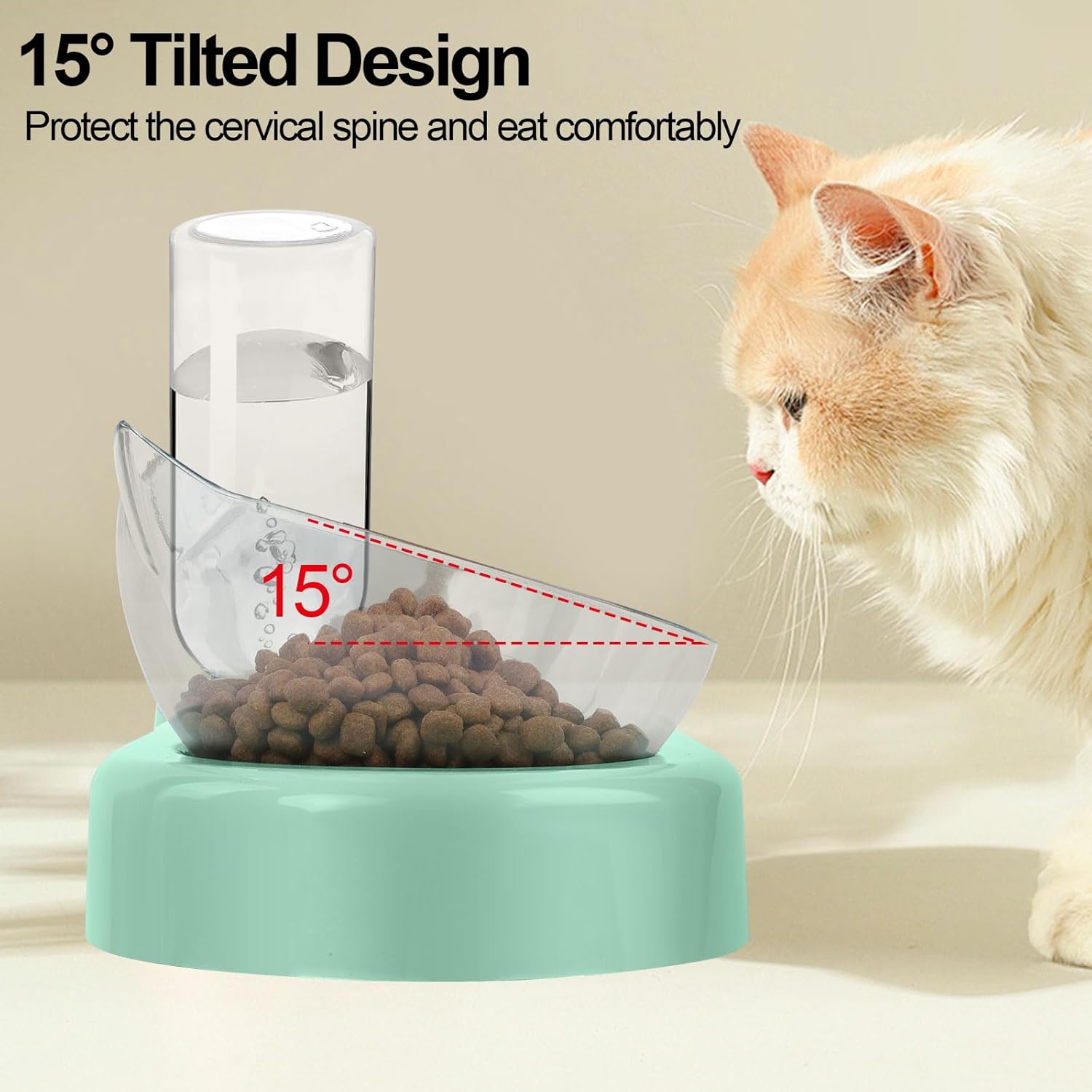 Detalle de Itingy 3-In-1 Cat Food and Water Bowl Set with Tilted Stand and 15° Design