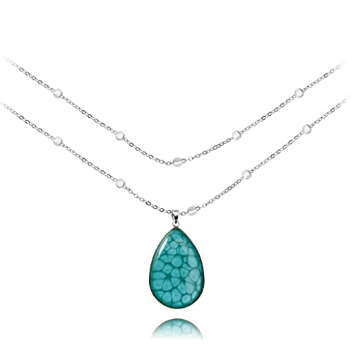 Detalle de Dragon Porter Élégante Longue Réglable Collier Chaine Boule Avec Pendentif en Forme de Larme – Bleu Turquoise Argent