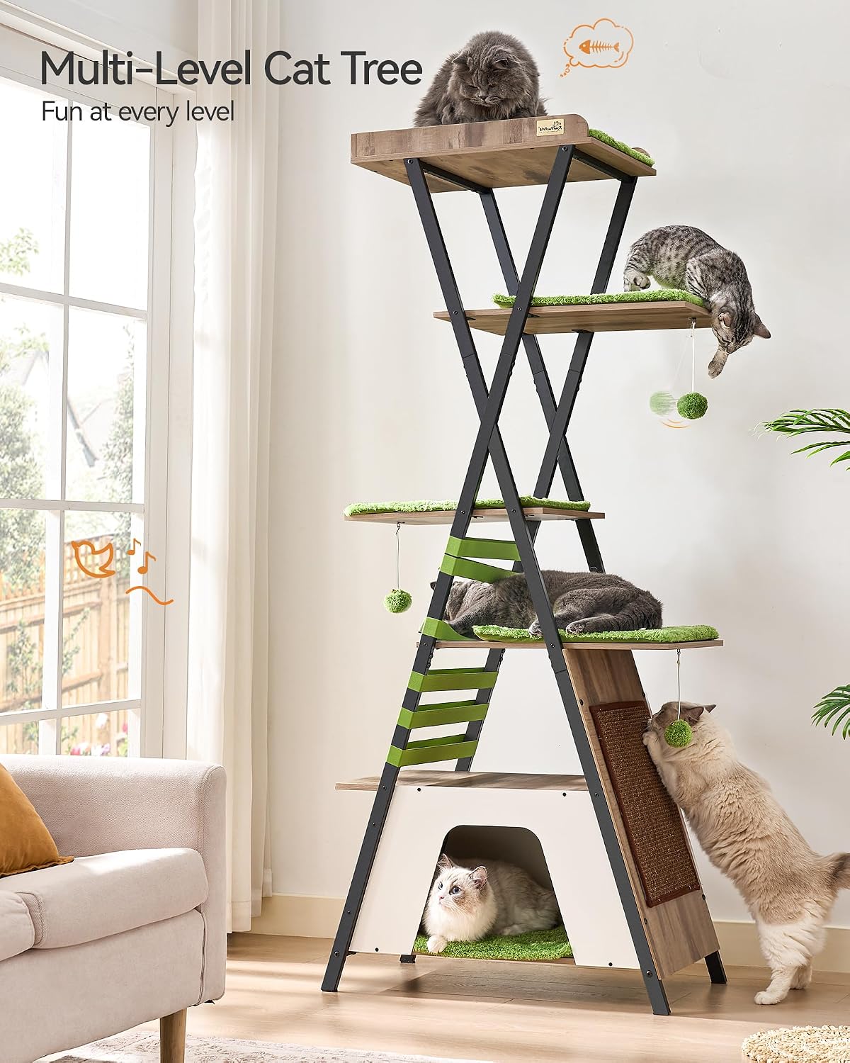 Detalle 2 de FourFurPets Katzenbaum 184 cm mit mehreren Ebenen, Kratzbrett & Höhlen (Greige)