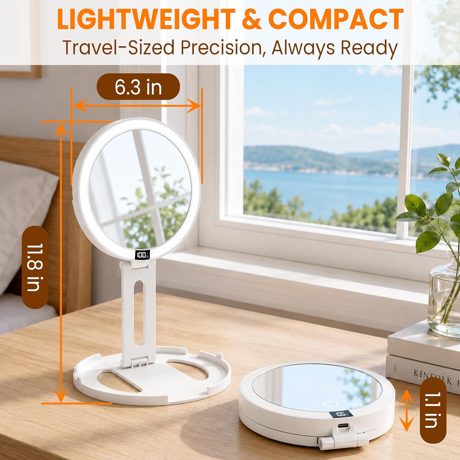 Detalle 2 de dulvus Folding Makeup Mirror, 10X/1X, 3-Colour Lighting and LCD Display