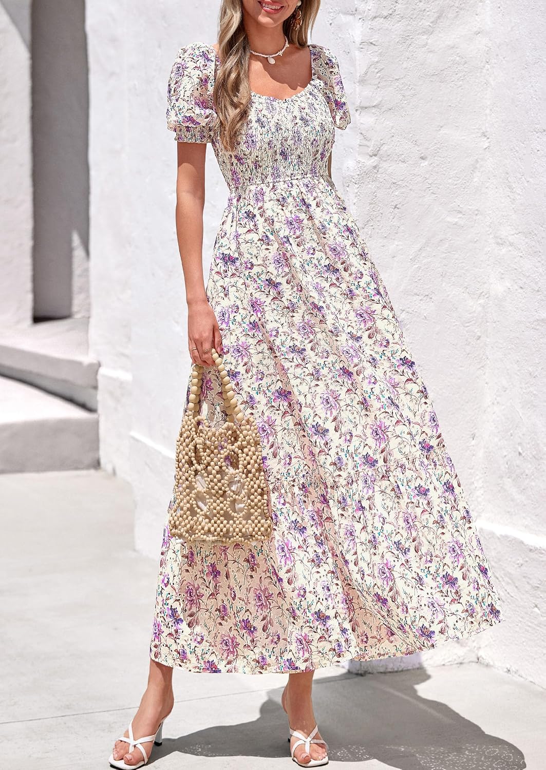 Detalle de PRETTYGARDEN Floral Boho Maxi Dress with Smocked Bodice, Eyelet Detail, and Pockets