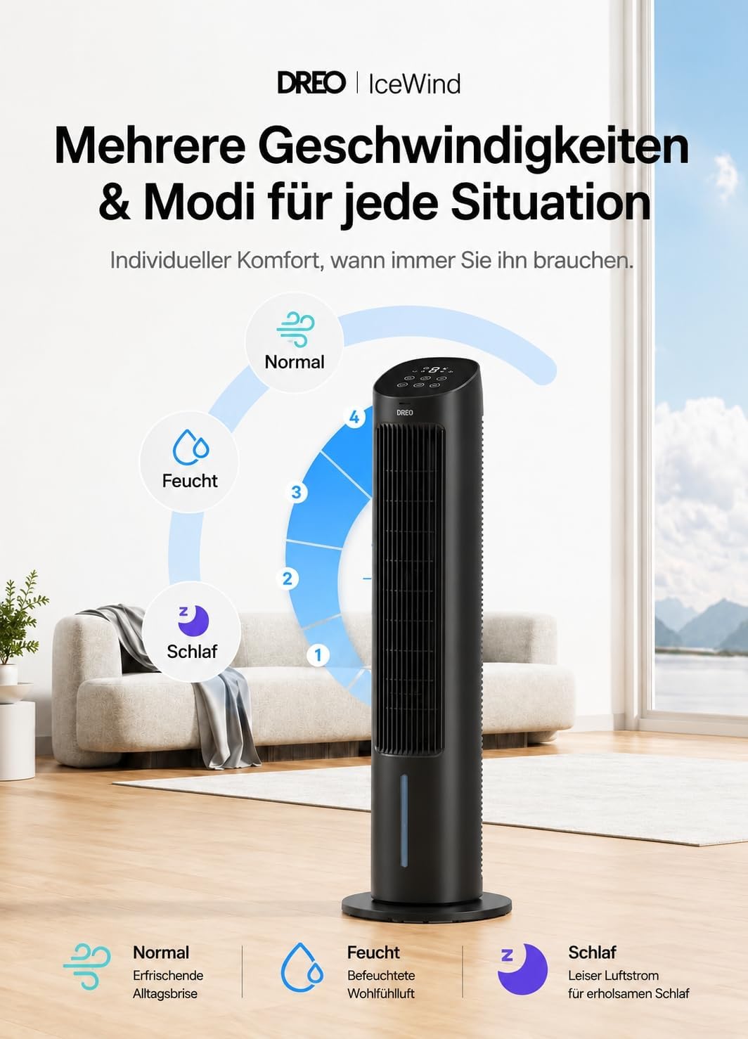 Detalle de DREO Turmventilator mit Kühlung – leise Verdunstungskühlung, 102 cm, Fernbedienung, 3 Modi, 4 Geschwindigkeiten, Schwarz