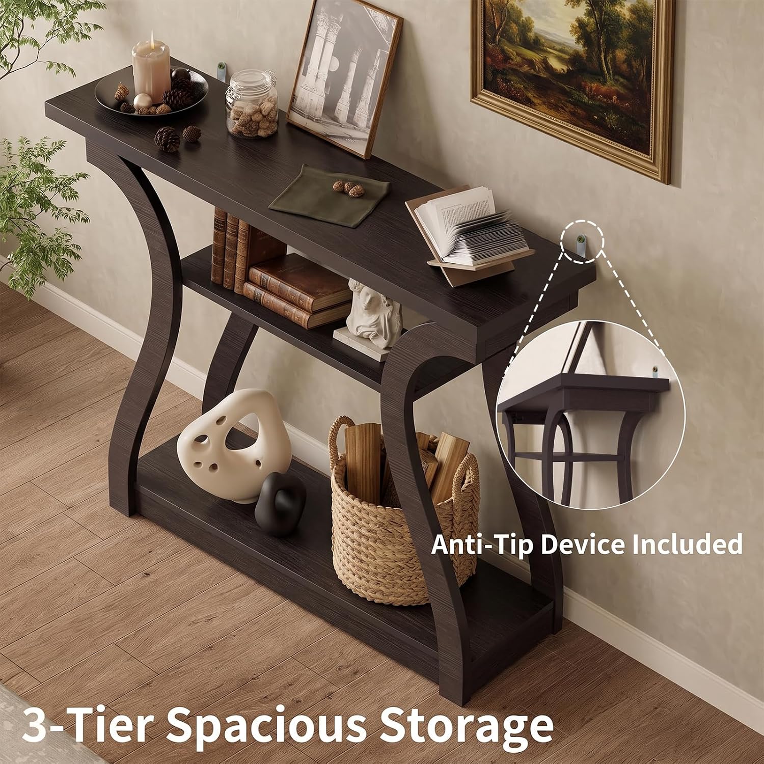 Detalle de UODERS CONTEB- 3-Tier Wood Console Table, Brown, 47.25 in. with Curved Legs