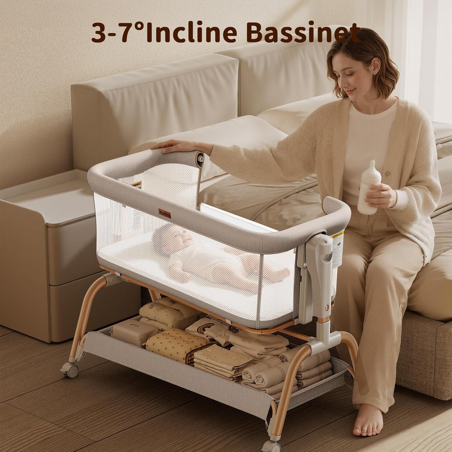 Detalle de NeoBorn 3 in 1 Baby Bassinet: Bedside, Rocking, and Standalone Crib