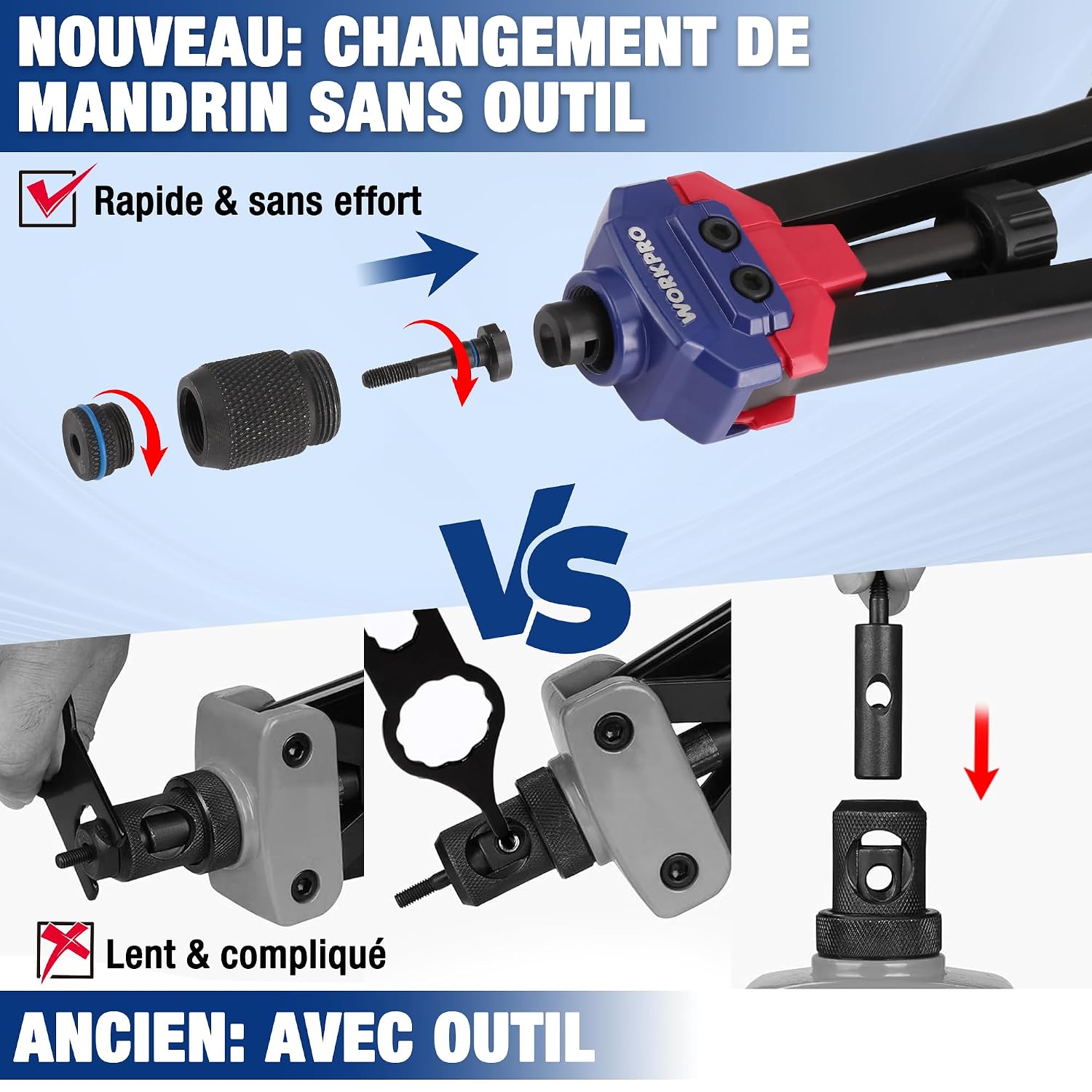 Detalle de WORKPRO Outil à riveter, 40,6 cm - ensemble 11 mandrins et 185 rivets filetés