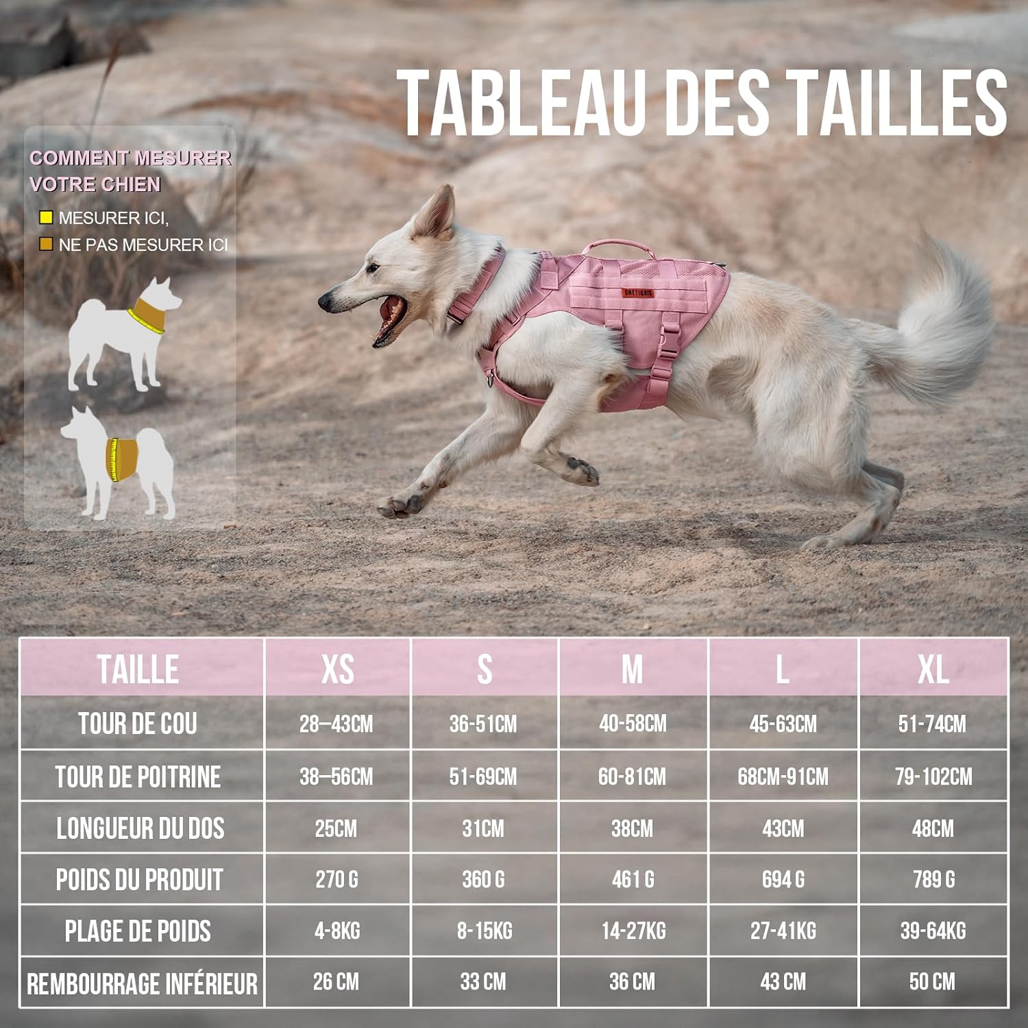 Detalle de OneTigris Harnais de sécurité en maille respirante (Taille M, Rose) avec 2 poignées et MOLLE