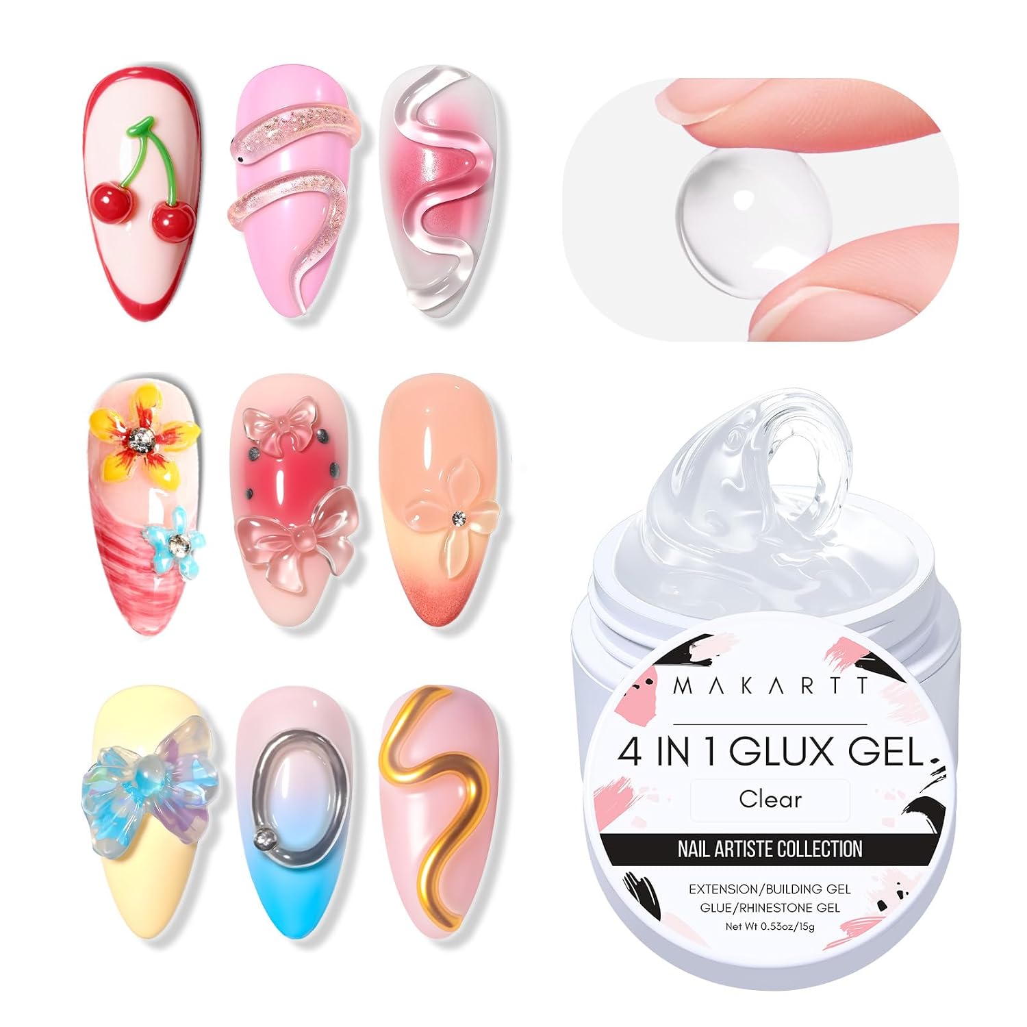 Detalle de Makartt 3D Gel Nail Art Clear Solid Builder Gel, 4-in-1, 15g