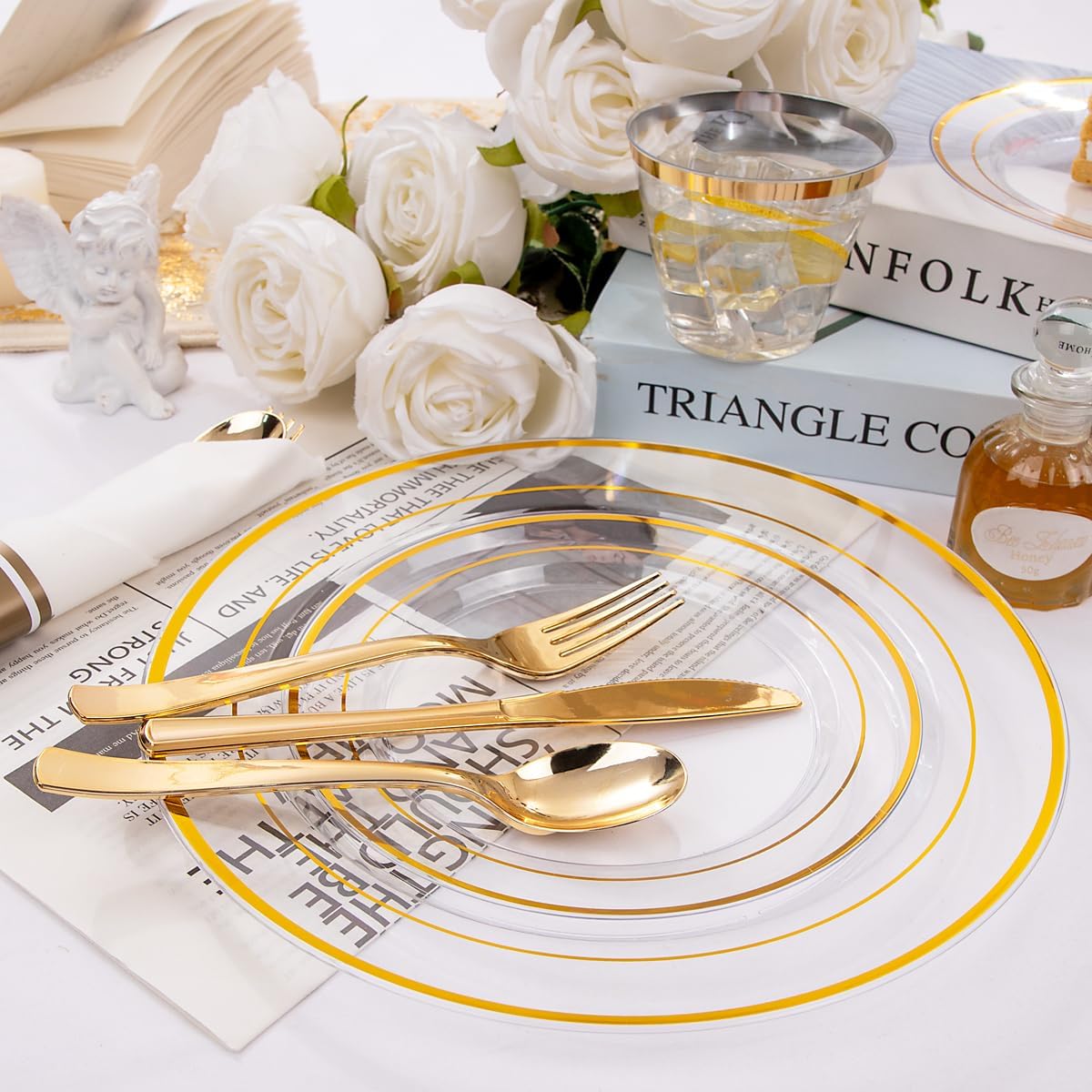 Thumbnail 1 de DaYammi 350-Piece Clear Gold Plastic Dinnerware Set for 50 Guests