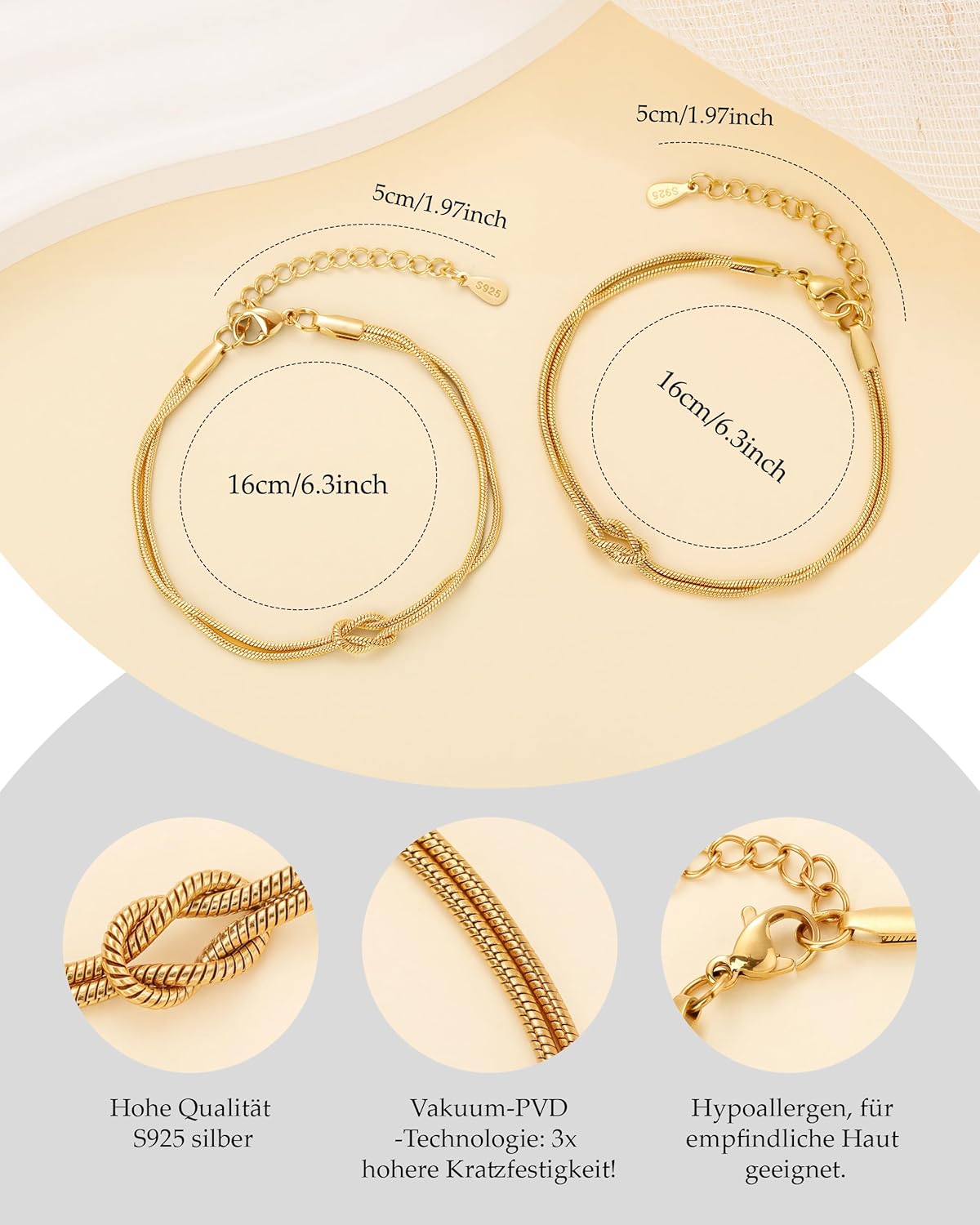 Thumbnail 4 de J.Fée 2er-Armband-Set Damen (Silber 925 + 14K vergoldet) mit Liebesknoten – Partner-/Freundschaftsarmbänder