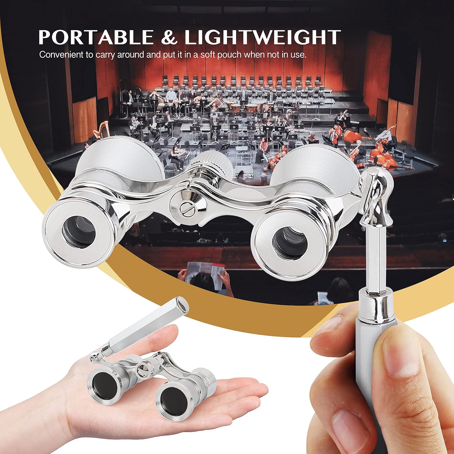 Detalle 2 de AOMEKIE Jumelles de théâtre lorgnette avec poignée 3X (argent) – longues vues en métal pour spectacles, tourisme et concerts