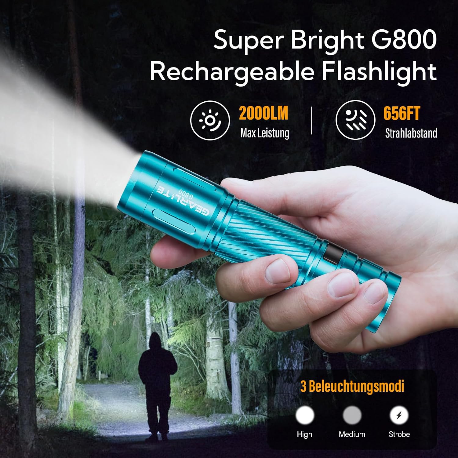 Detalle de GEARLITE G800 Mini LED-Taschenlampe (aufladbar) mit Zoom, 3 Modi und IP65