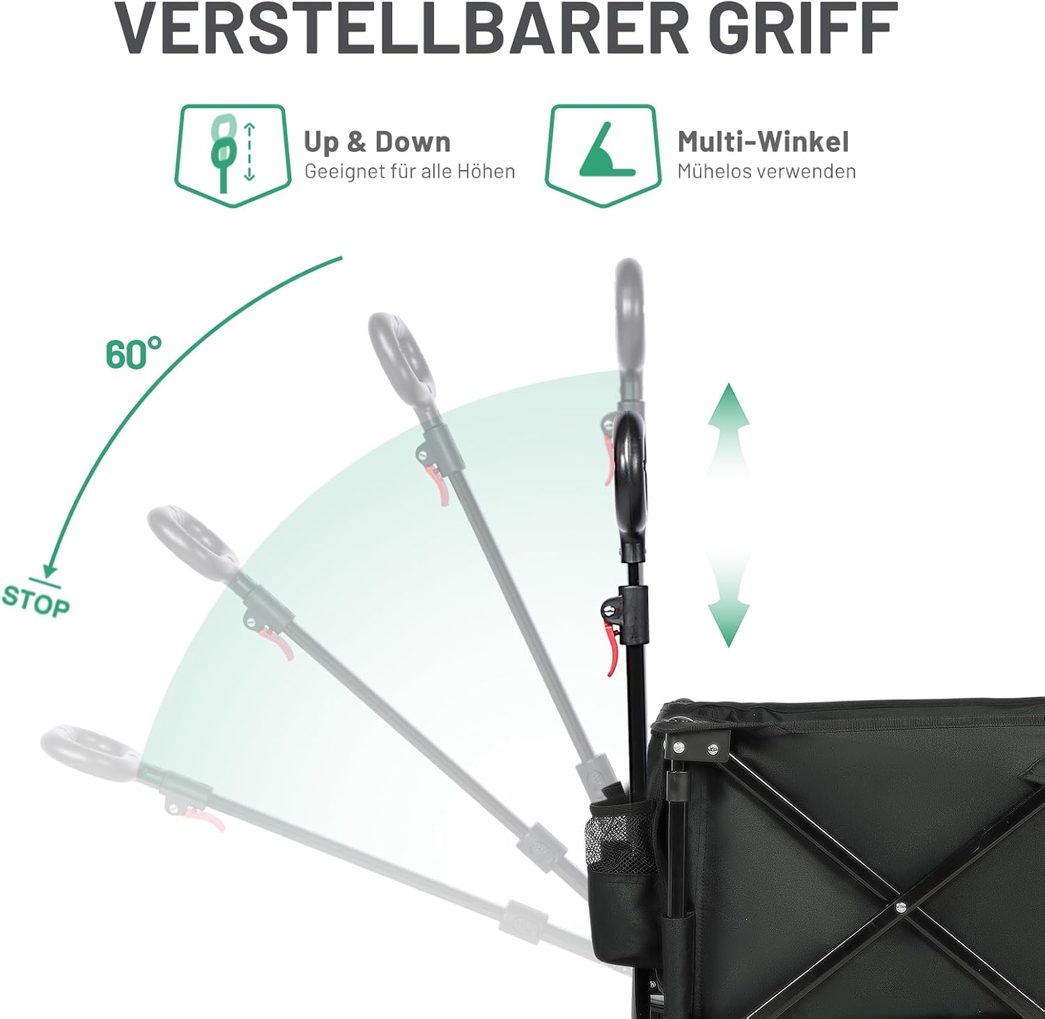 Detalle de TIMBER RIDGE XXL Bollerwagen faltbar 200L – Klappbar, Bremsen, Getränkehalter und große Geländereifen