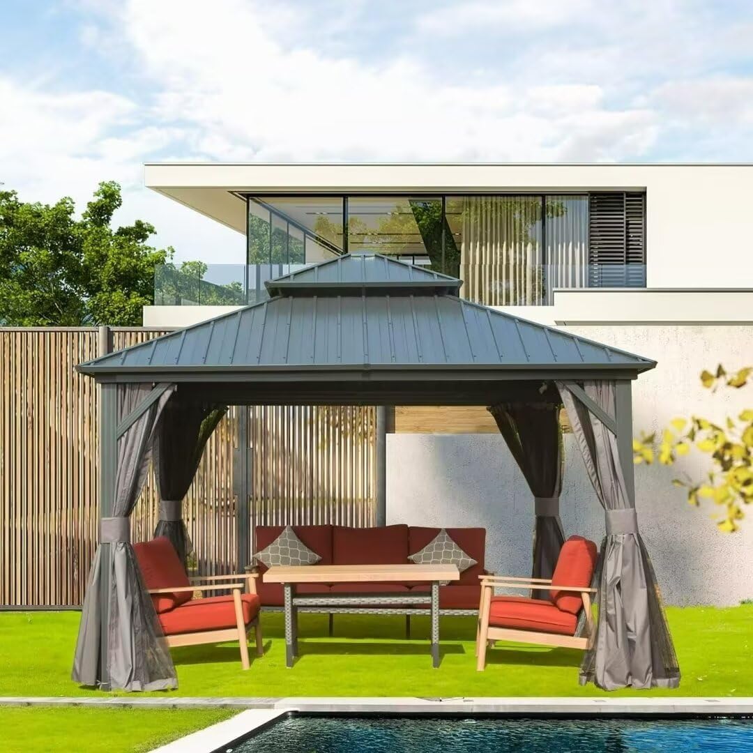 Thumbnail 5 de domi outdoor living 12' x 12' Metal Hardtop Gazebo with Double Roof and Curtains