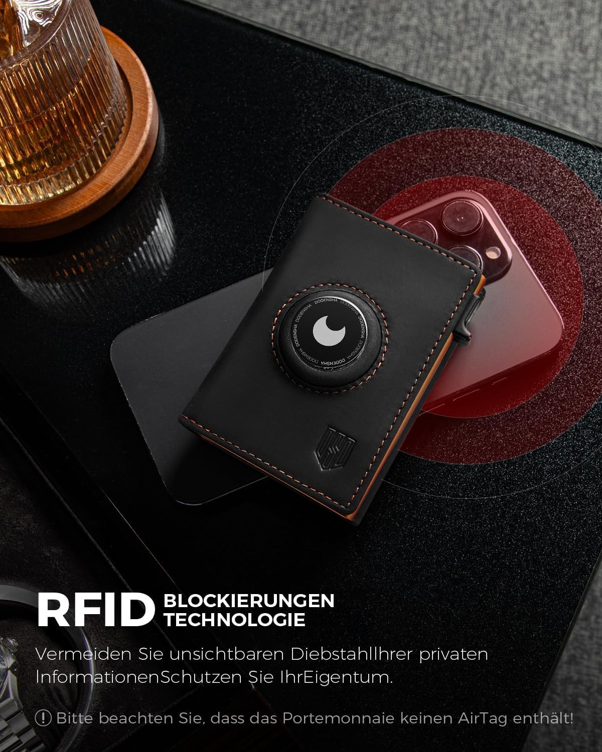 Detalle de DODENSHA AirTag porte-cartes homme avec protection RFID/NFC et porte-monnaie (Noir/orange)