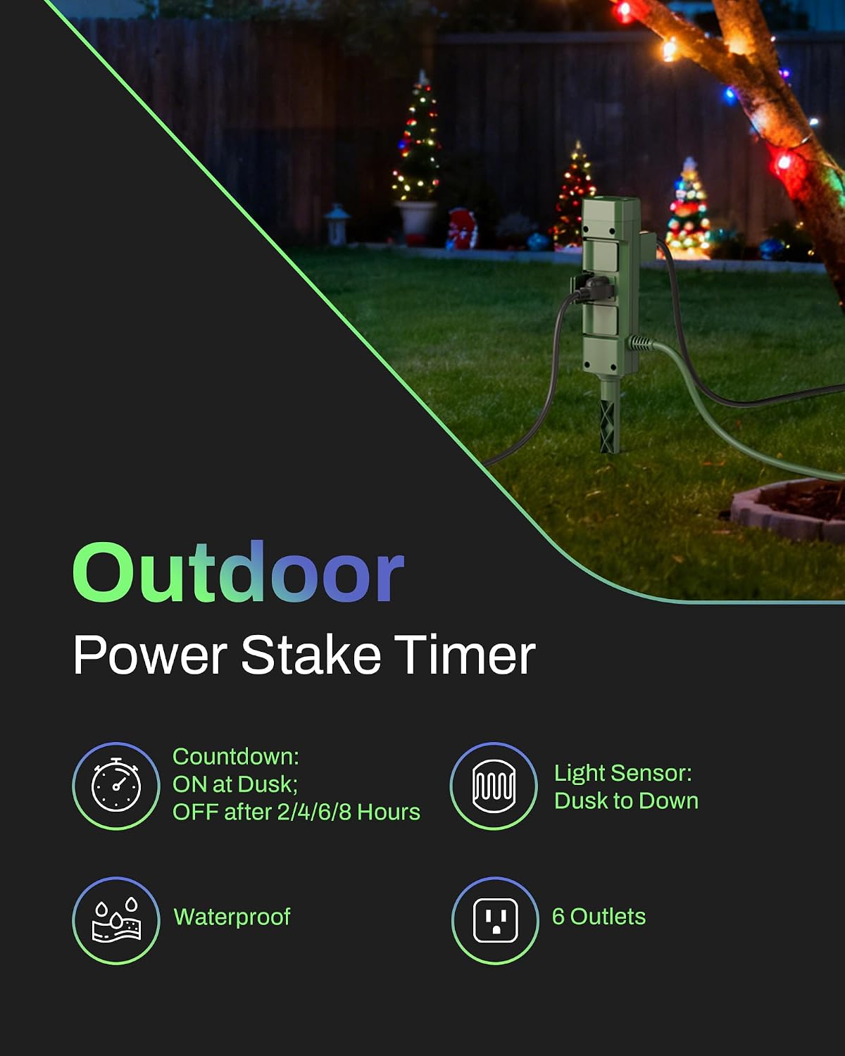 Thumbnail 1 de BN-LINK BNC-U13L Outdoor Power Stake Timer, 6 Outlets, Dusk-to-Dawn Sensor