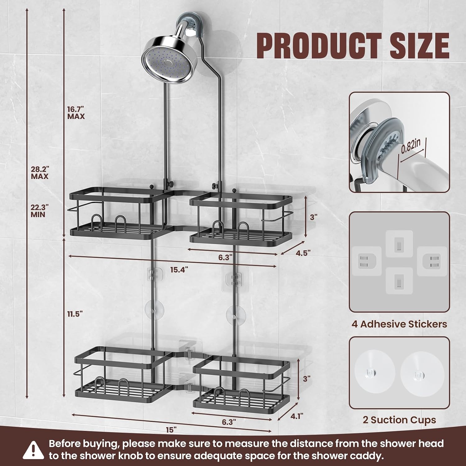 Detalle de REINHARDT Adjustable Shower Caddy for Handheld Showerheads, Black, 4 Baskets