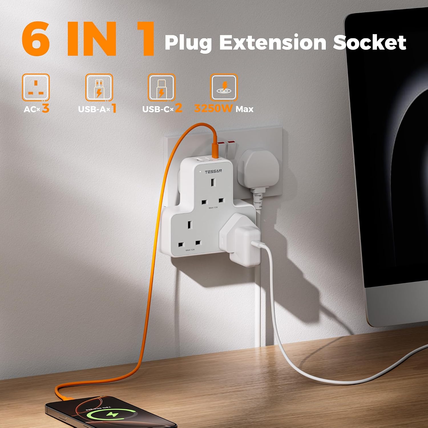 Detalle de TESSAN 3 Way Plug Adapter UK with 3 USB Ports – Multiplug Socket and Wall Extender