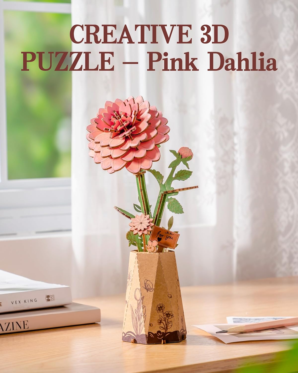 Thumbnail 3 de ROBOTIME 3D Wooden Pink Dahlia Flower – DIY Craft Kit for Adults