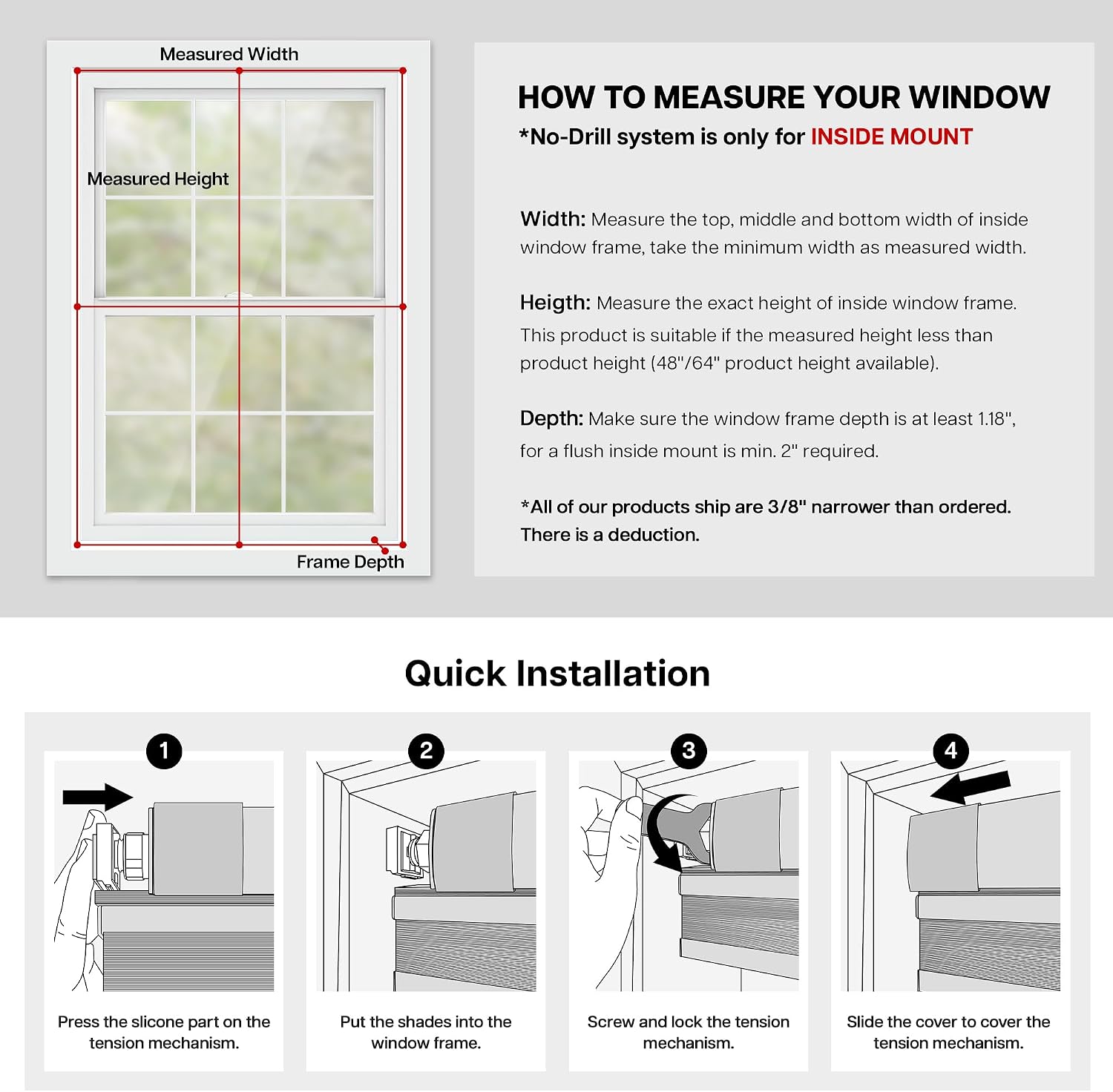 Thumbnail 5 de LazBlinds 41043420 No-Drill Cellular Shade, 35 x 64 in, White Blackout