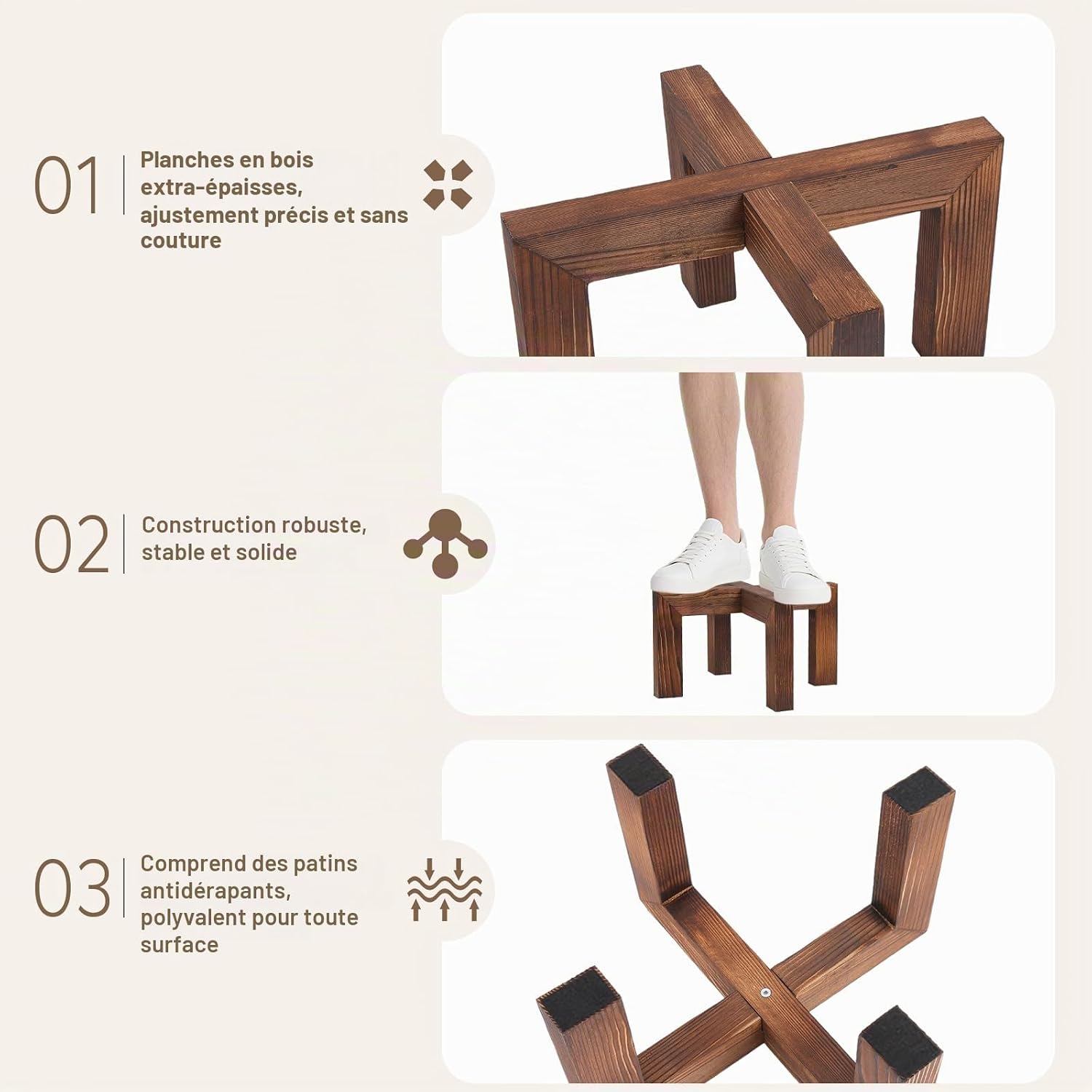 Detalle de Yedcxup plantenstandaards van hout, set van 3 in drie hoogtes met X-design