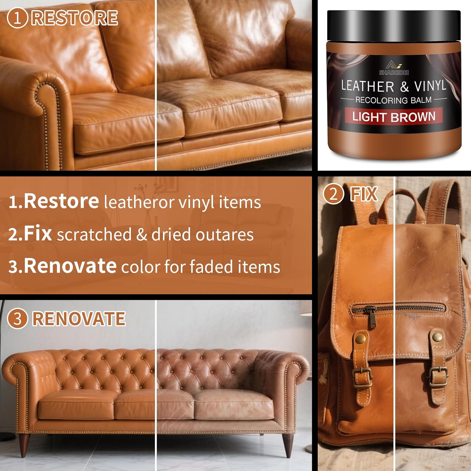 Thumbnail 2 de Leather Recoloring Balm and Scratch Repair Kit (Light Brown) – Leather Restorer for Couches, Furniture, Car Seats & More