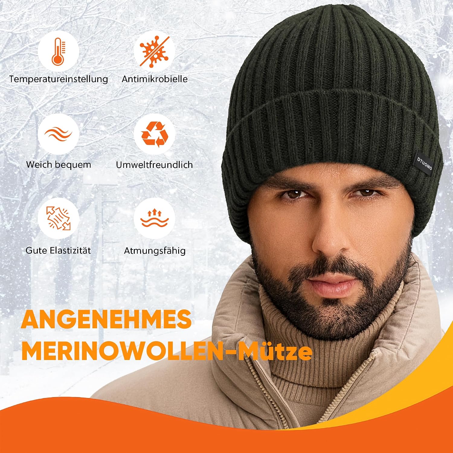 Thumbnail 4 de DTUOMO Merinowolle Mütze Herren One Size 🧣