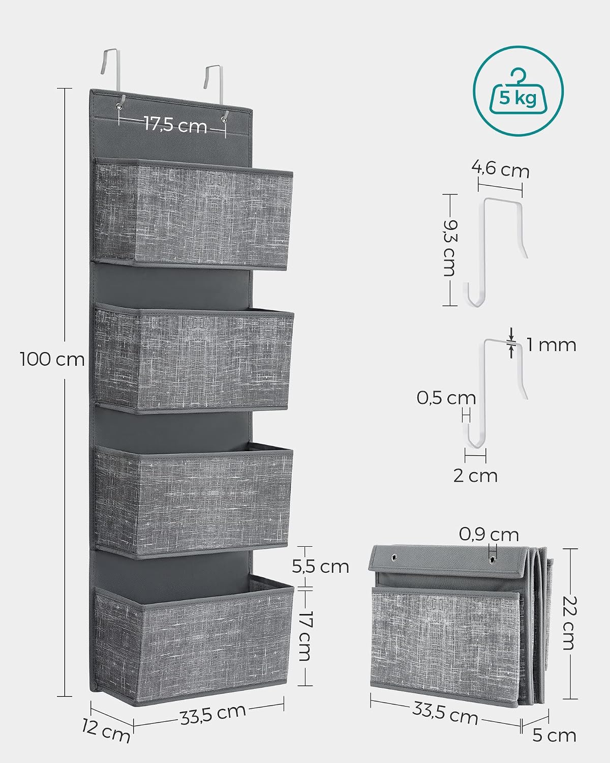 Detalle de SONGMICS TINA RDH004G11 ophangrek met 4 vakken, grijs