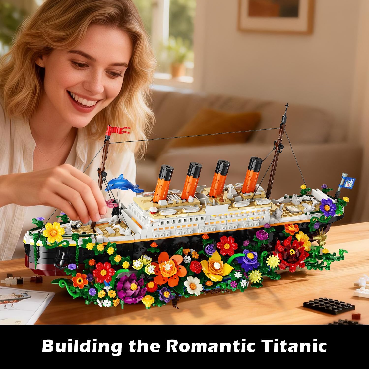 Detalle de INSOON Blumen Titanic Bauspielzeug mit Licht – 1.860‑Teile Titanic-Schiffsmodell