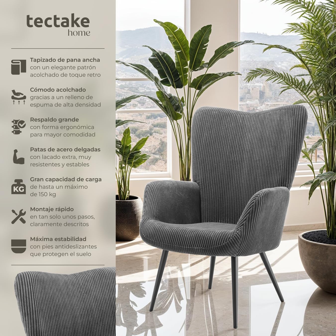 Detalle de tectake Sillón Orejero Escandinavo 150 kg