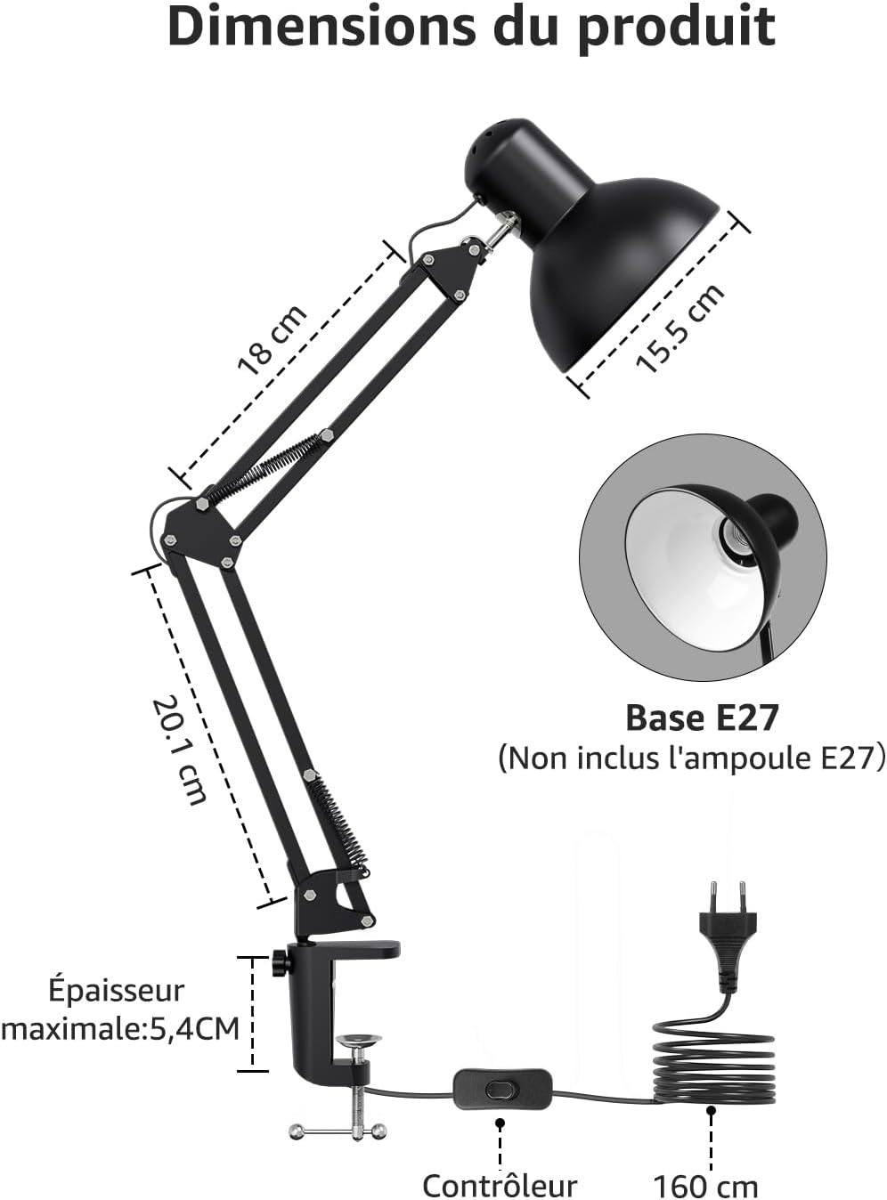 Thumbnail 6 de Lepro Lampe de Bureau à pince, Lampe Pince E27 – Noir, Ventilation Nordique en Métal