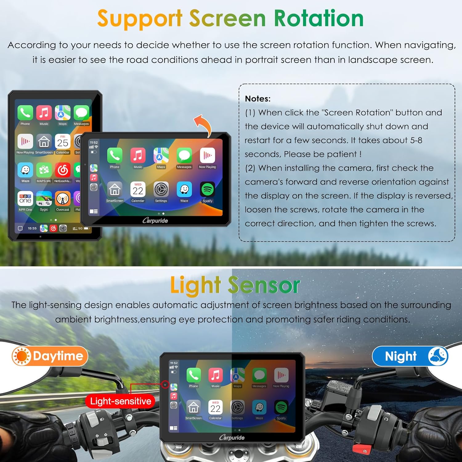 Thumbnail 4 de Carpuride W712D 7-Inch Motorcycle CarPlay Screen with Dual Dash Cam (HD 1080) + Wireless CarPlay/Android Auto