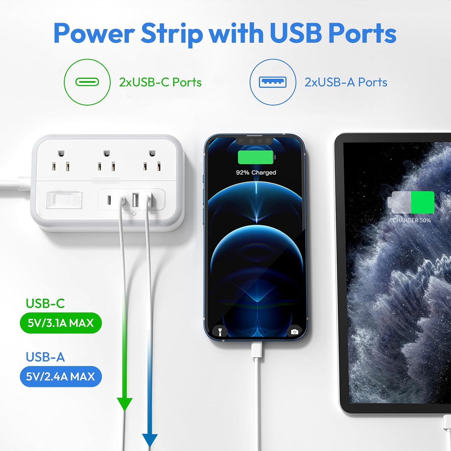 Detalle 2 de NTONPOWER APS-6A4U-US Power Strip, 6 Outlets, 4 USB Ports, Flat Plug