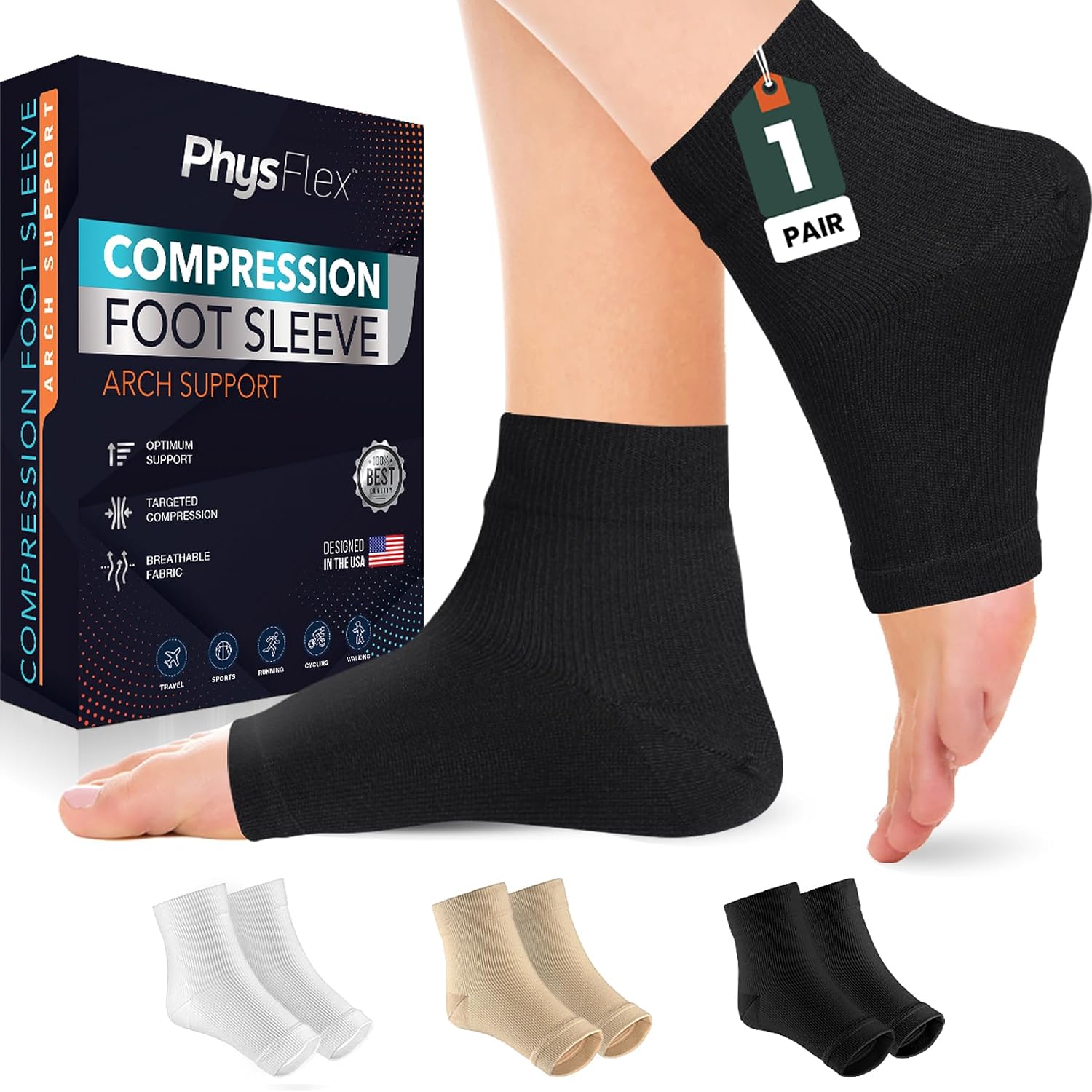 Detalle de PhysFlex X-Large Ankle Compression Sleeves, Black, 15–20 mmHg, 1 Pair