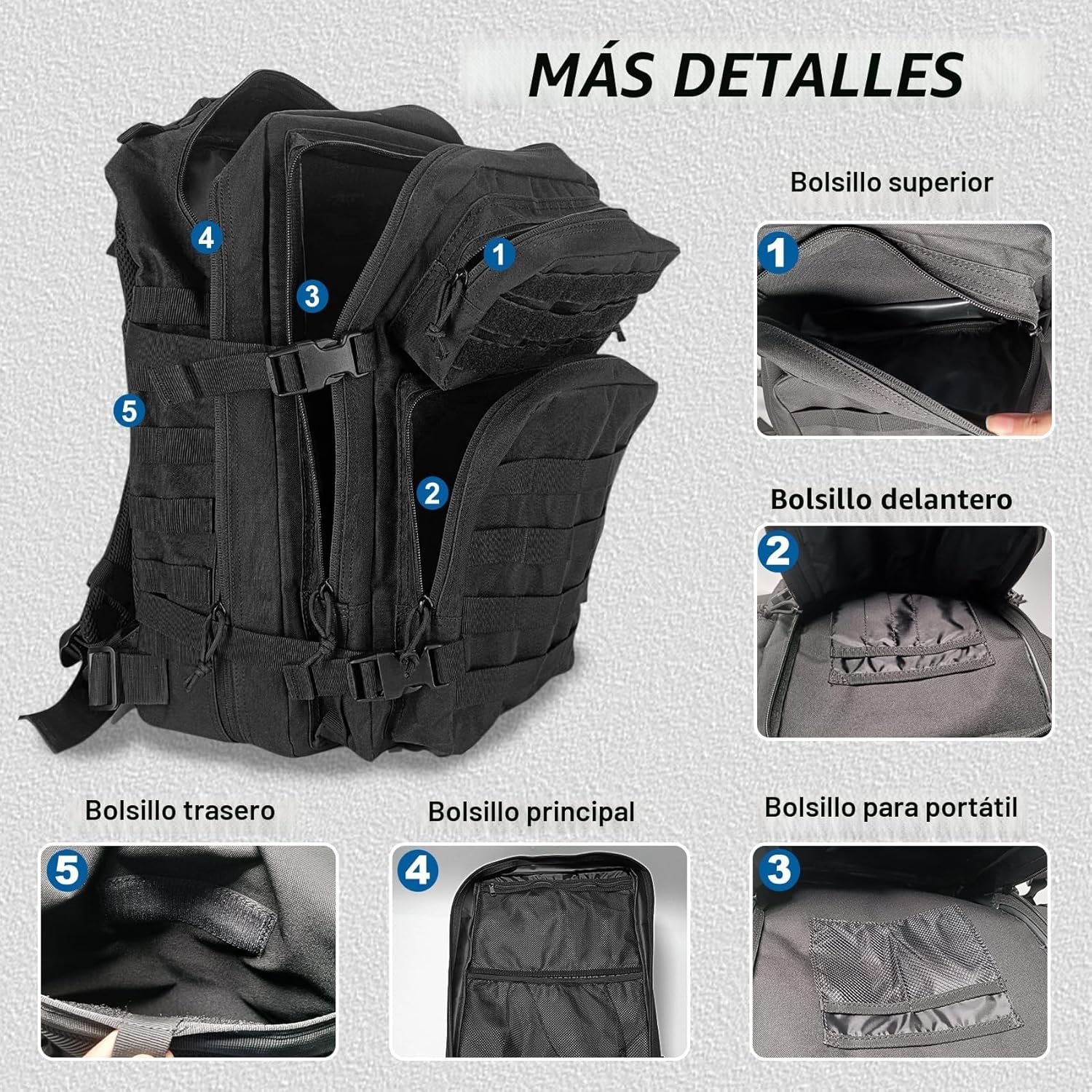 Detalle de HEMSO Mochila Militar 45L impermeable: gran capacidad y sistema Molle para tus aventuras