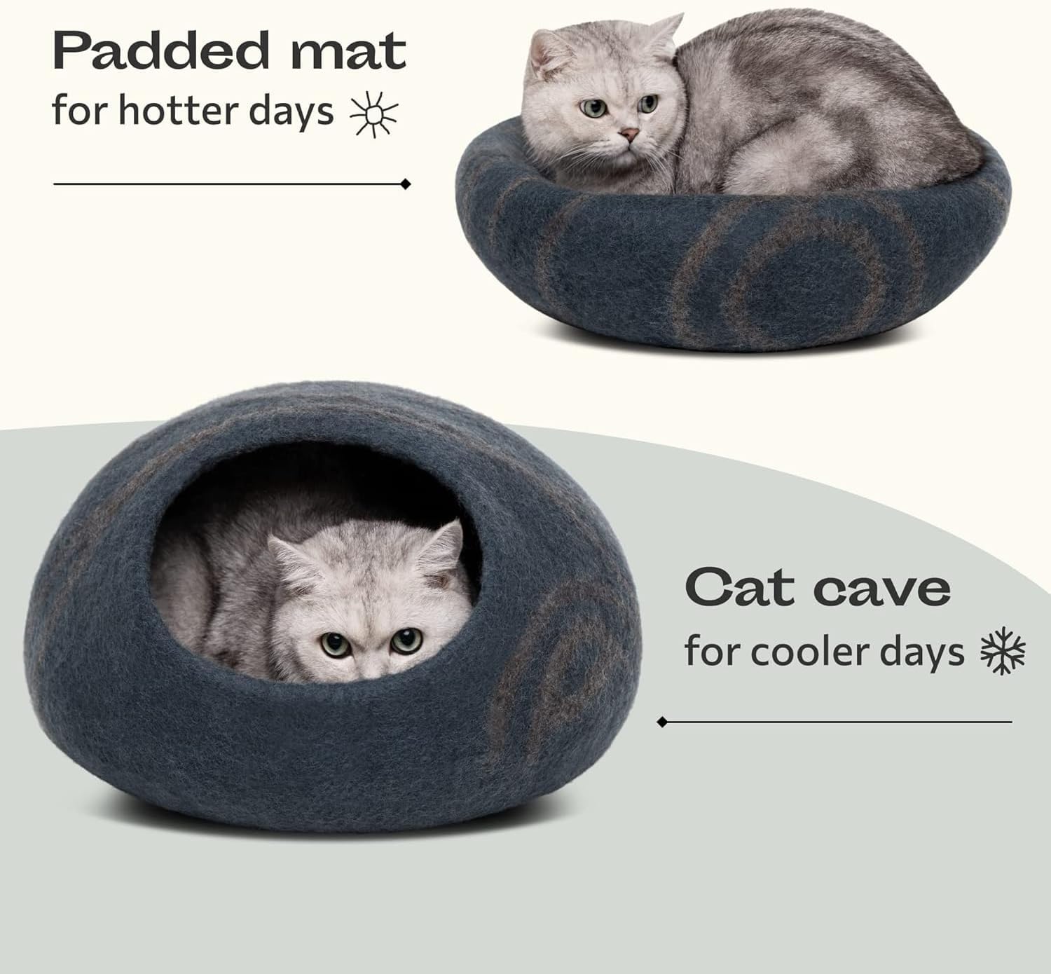 Detalle de MEOWFIA Cat Cave – Premium Felt Cat Bed (Medium) in Slate Grey, Handcrafted Merino Wool
