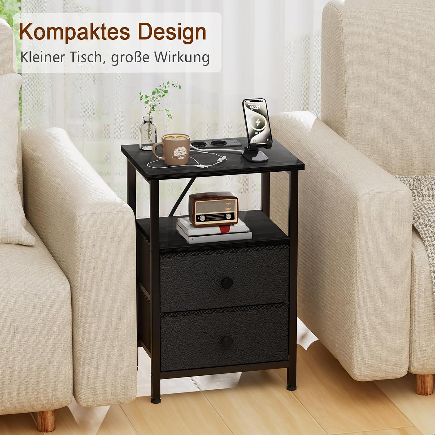 Detalle 2 de AMHANCIBLE EHETS020BK-1 nachtkastje met laadstation, 2 stoffen laden en open plank