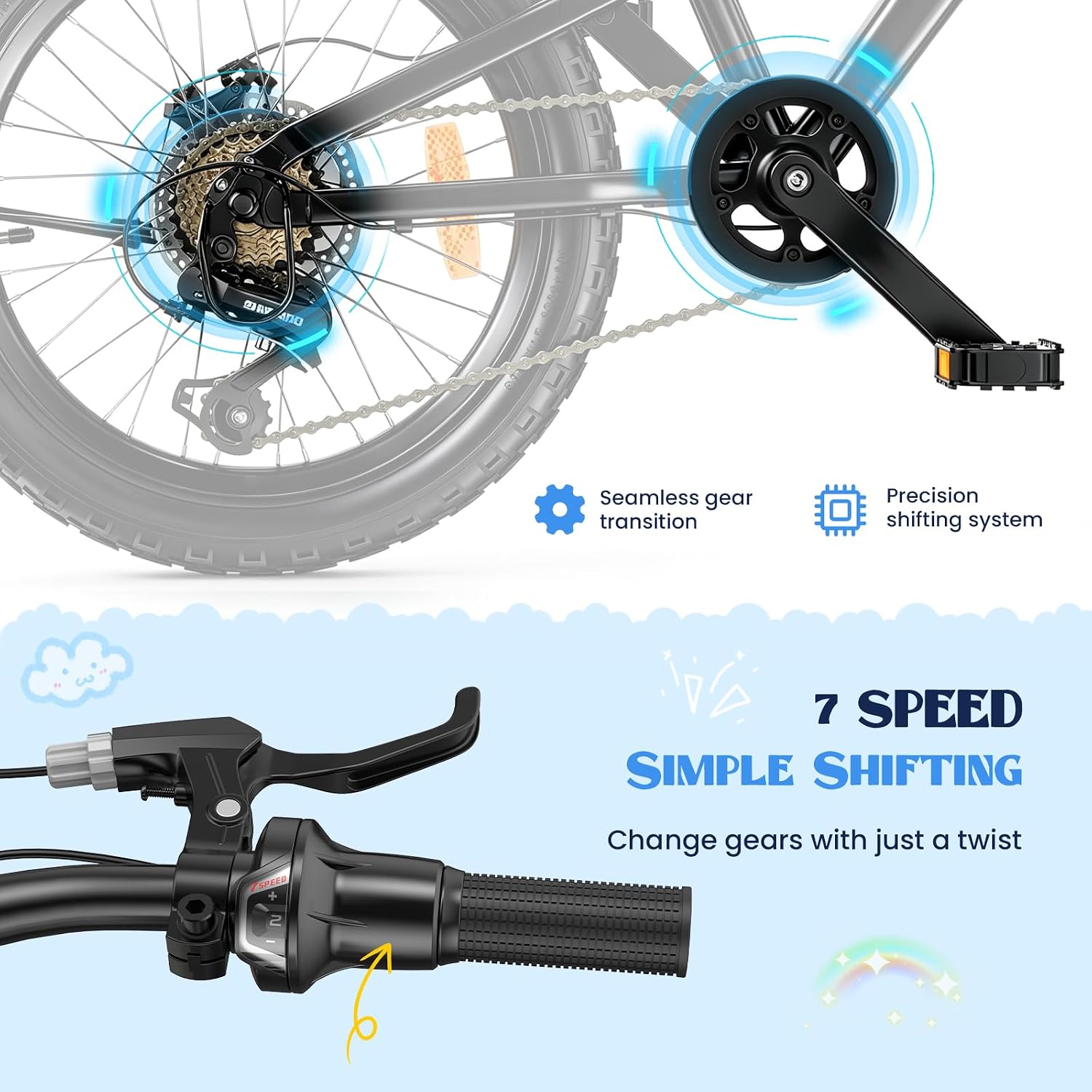 Detalle 2 de EVERCROSS EM5 Bici Bambino 20'': MTB Junior con 7 velocità, freno disco e forcella ammortizzata