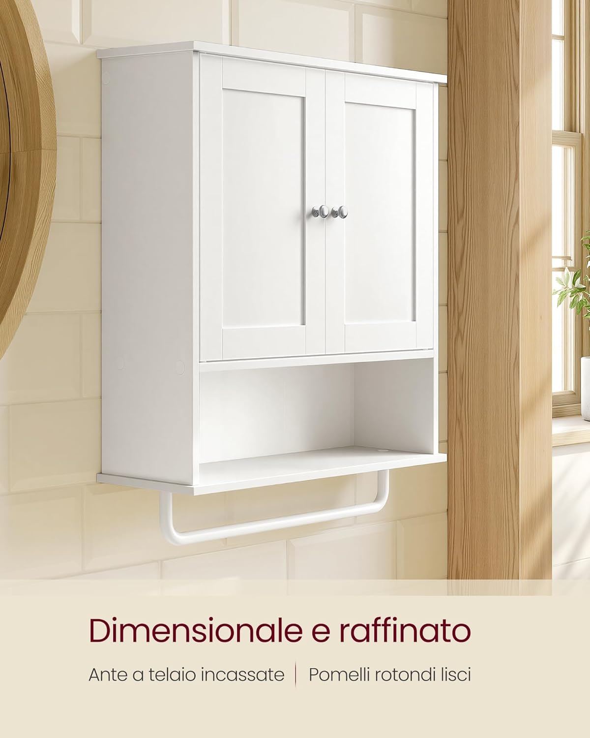 Detalle de VASAGLE SIREN Collezione: Mobile da Bagno Sospeso con Bar Porta-Asciugamani, Armadietto a Parete 56 cm, Bianco Nuvola BBK149WB01
