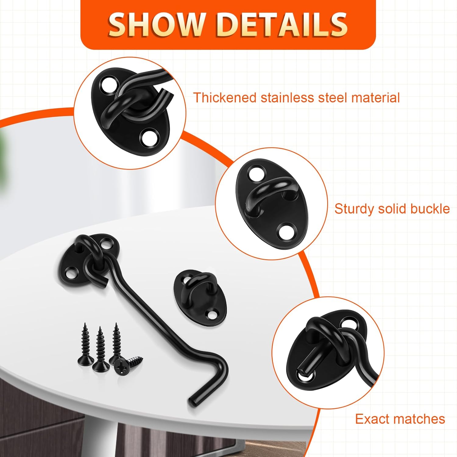 Detalle de 16 Inch Hook and Eye Latch (2-Pack) Stainless Steel – Black Cabin Door Gate Lock with Screws