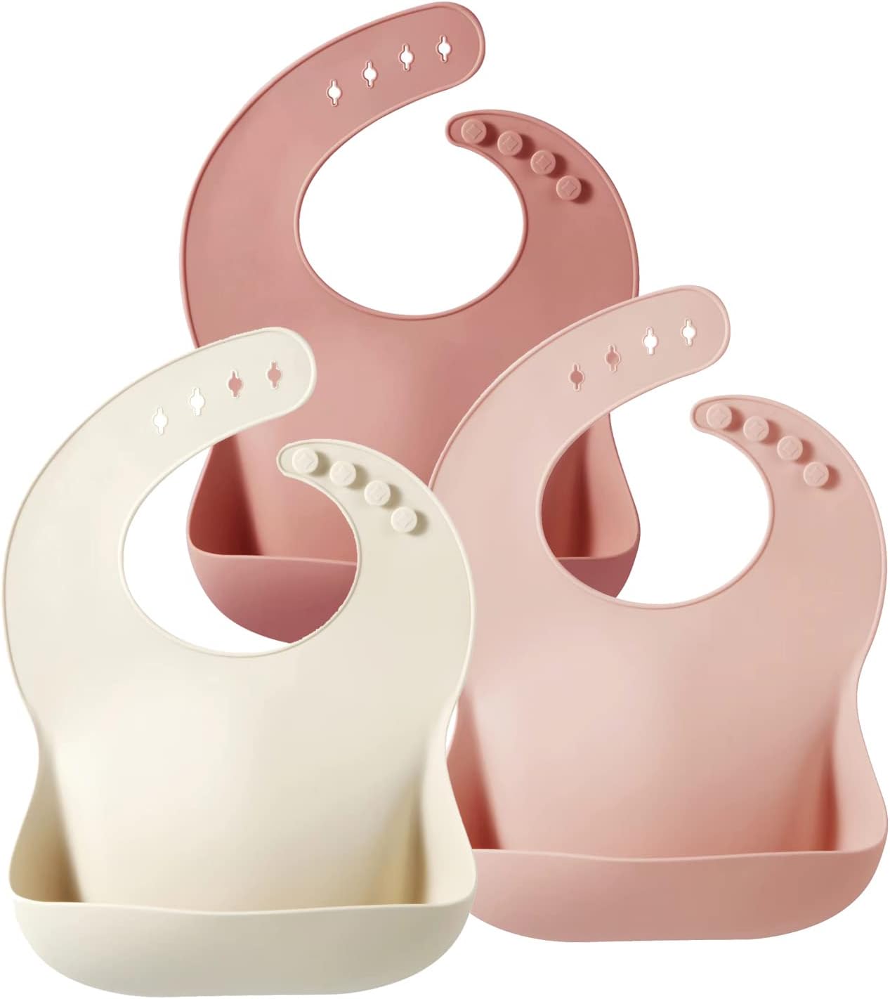 Detalle de PandaEar 3 Pack Silicone Baby Bibs for Weaning – Waterproof, Deep Catch Pocket, Adjustable Neck (Muted Pink, Rose, Linen)